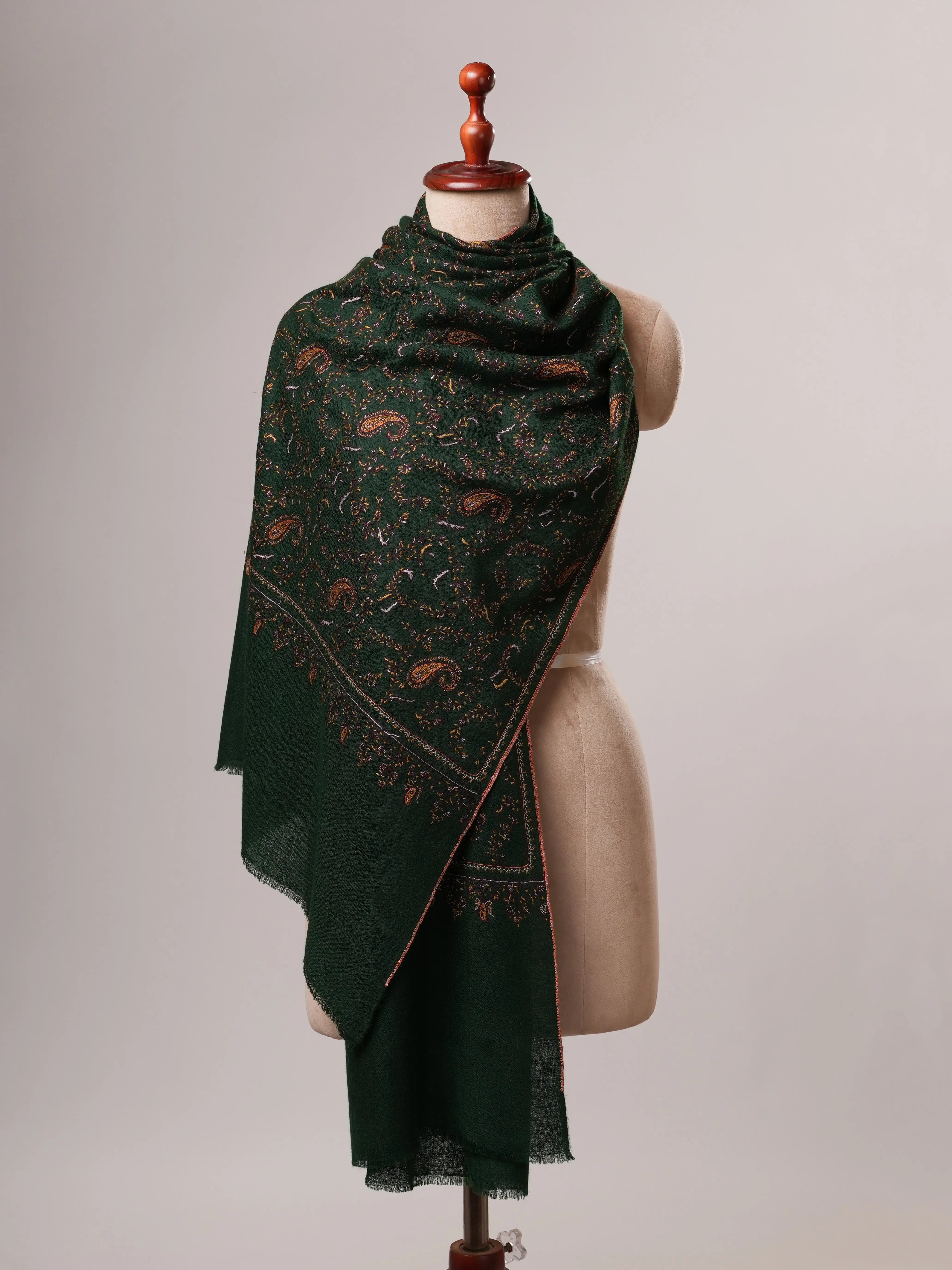 Dark Green Baby Soft Cashmere Scarf with All-Over Hand Embroidery Shahkaar