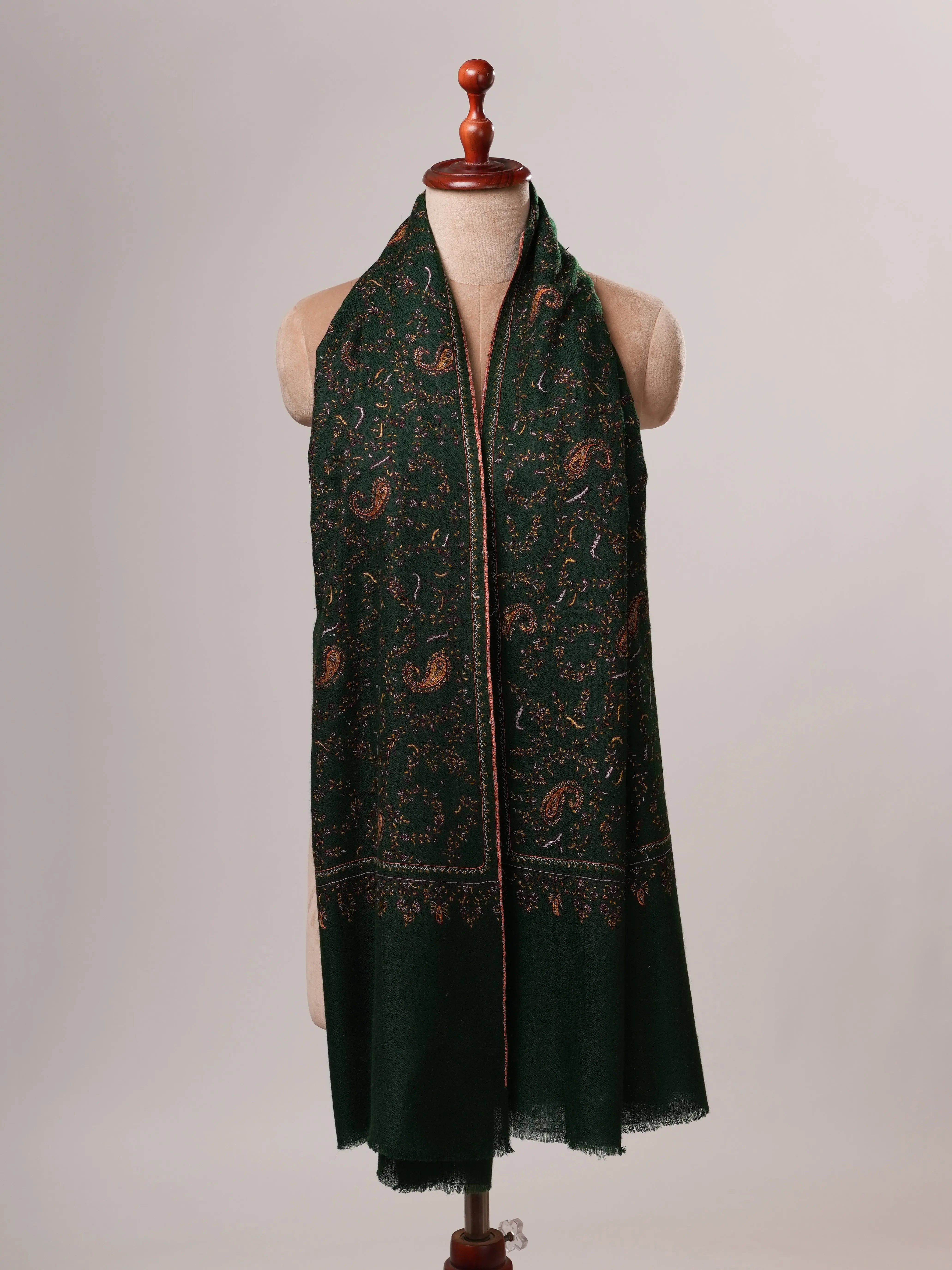 Dark Green Baby Soft Cashmere Scarf with All-Over Hand Embroidery Shahkaar