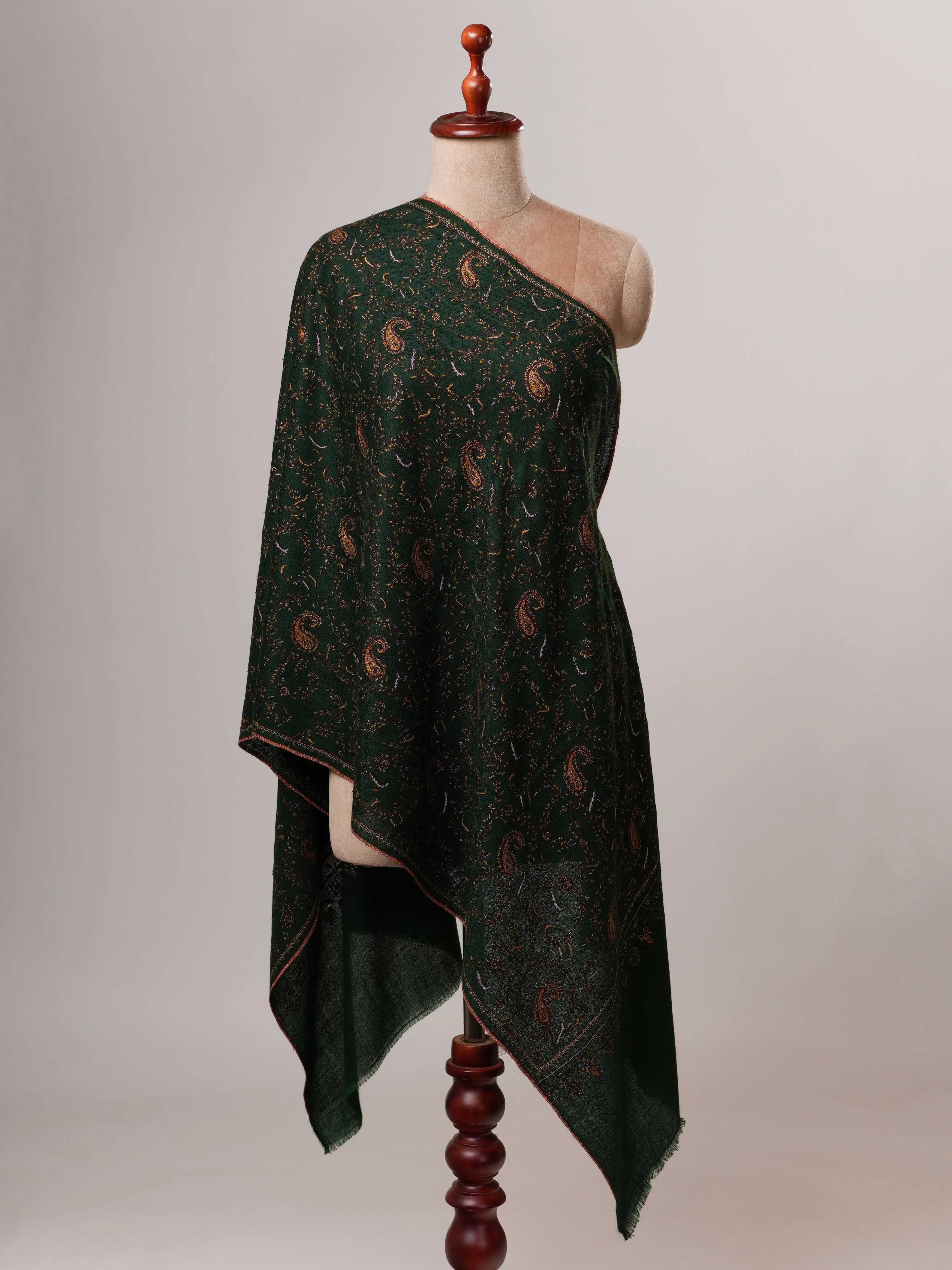 Dark Green Baby Soft Cashmere Scarf with All-Over Hand Embroidery Shahkaar