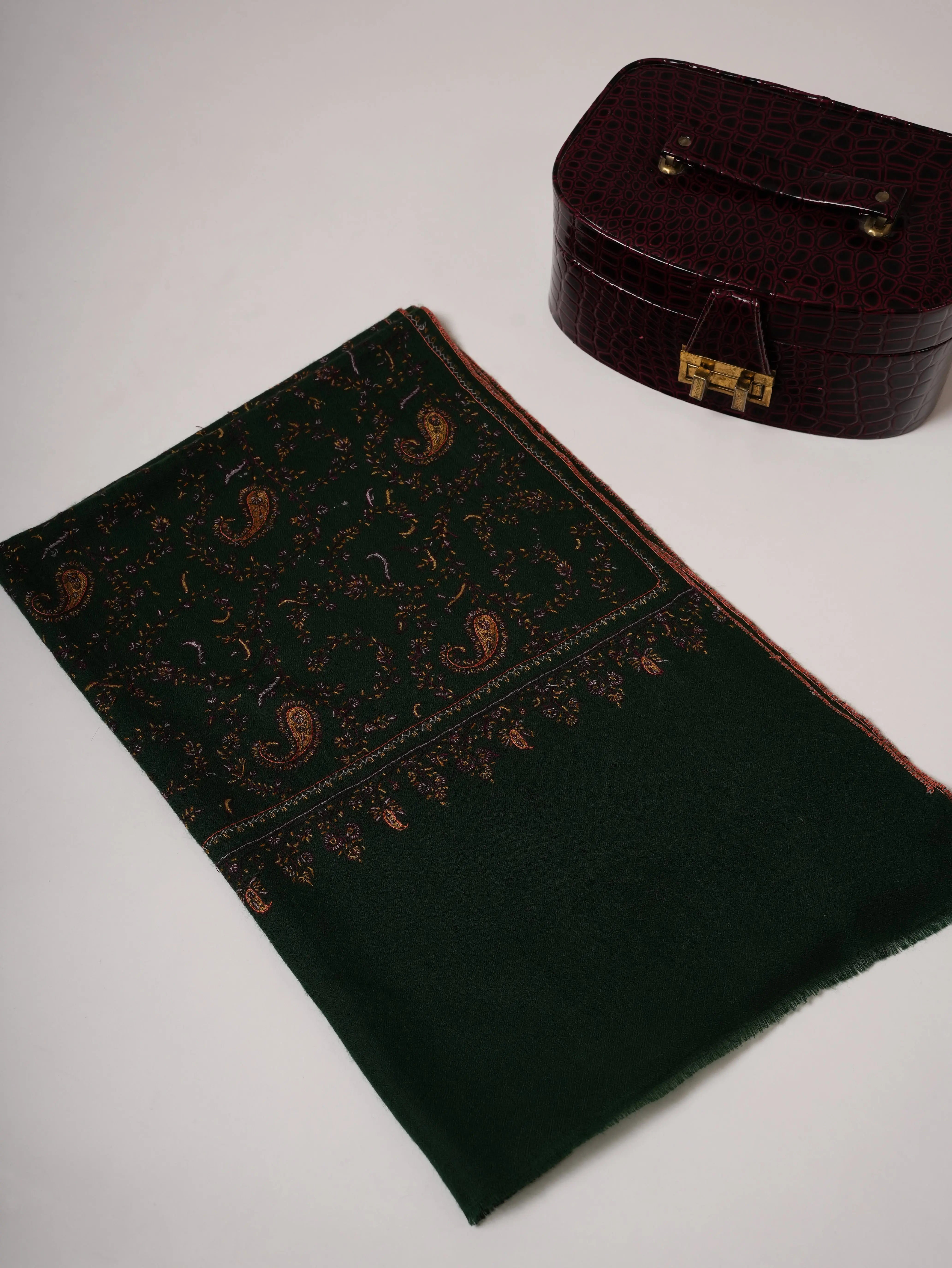 Dark Green Baby Soft Cashmere Scarf with All-Over Hand Embroidery Shahkaar