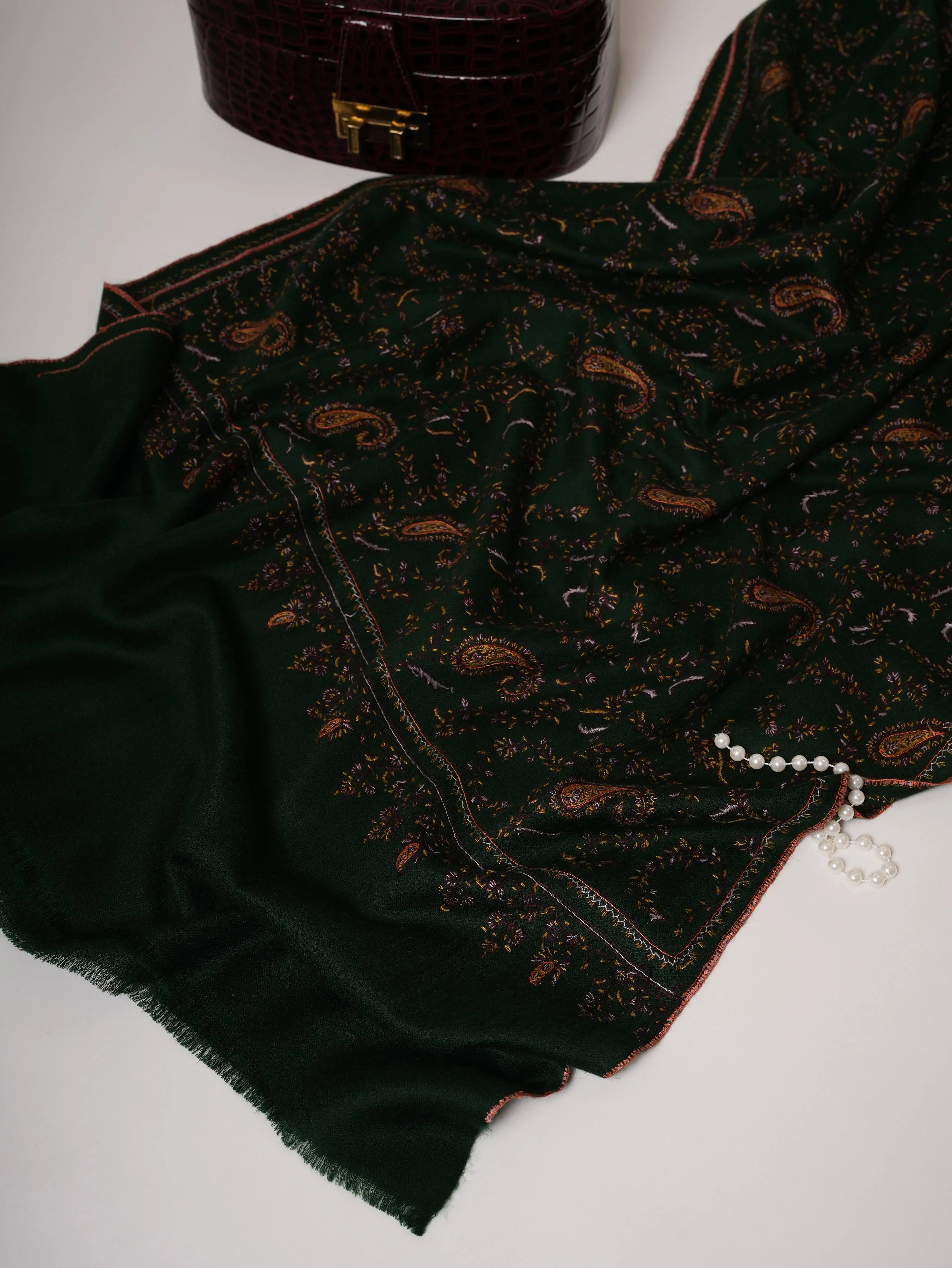 Dark Green Baby Soft Cashmere Scarf with All-Over Hand Embroidery Shahkaar