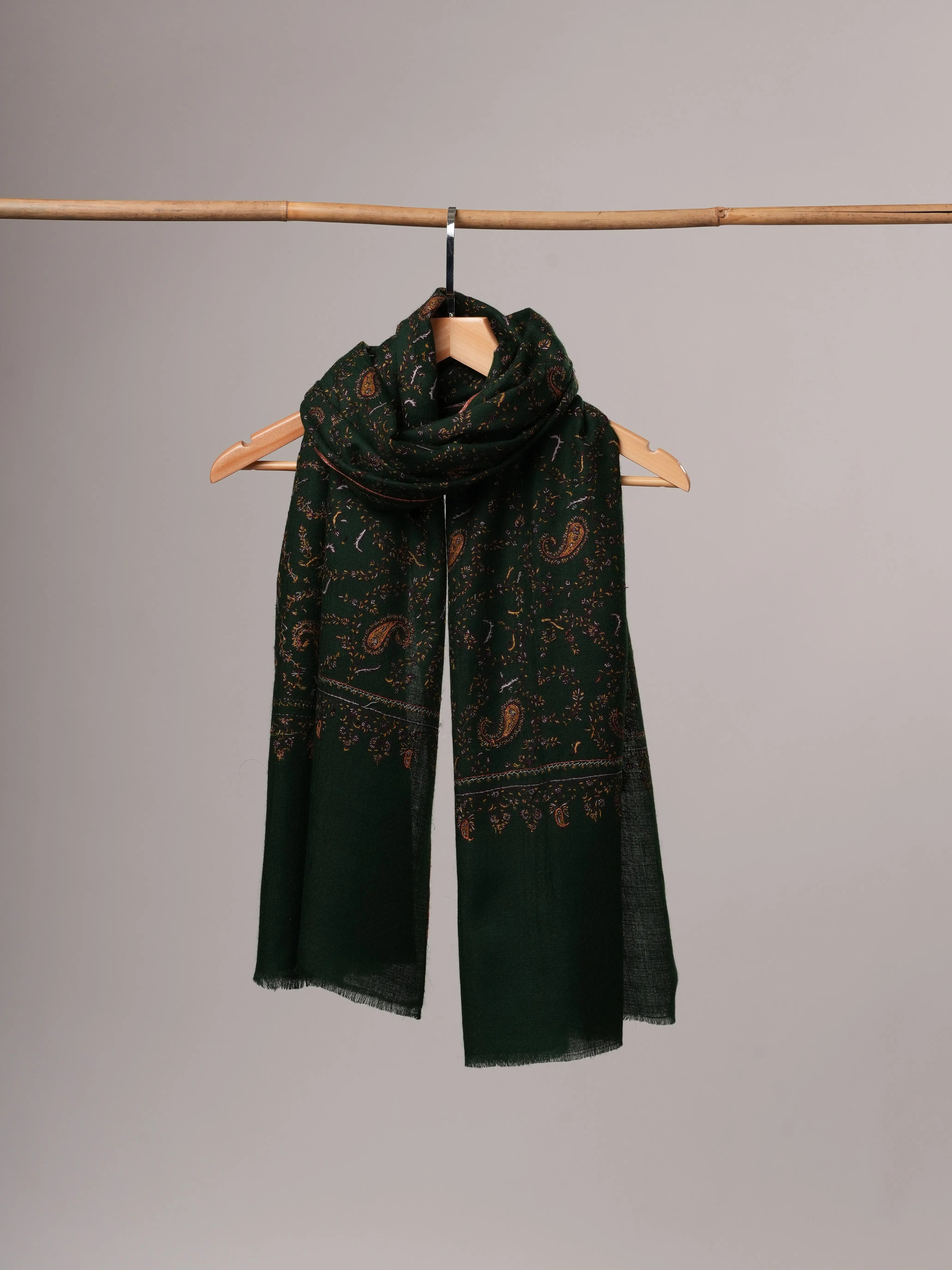 Dark Green Baby Soft Cashmere Scarf with All-Over Hand Embroidery Shahkaar