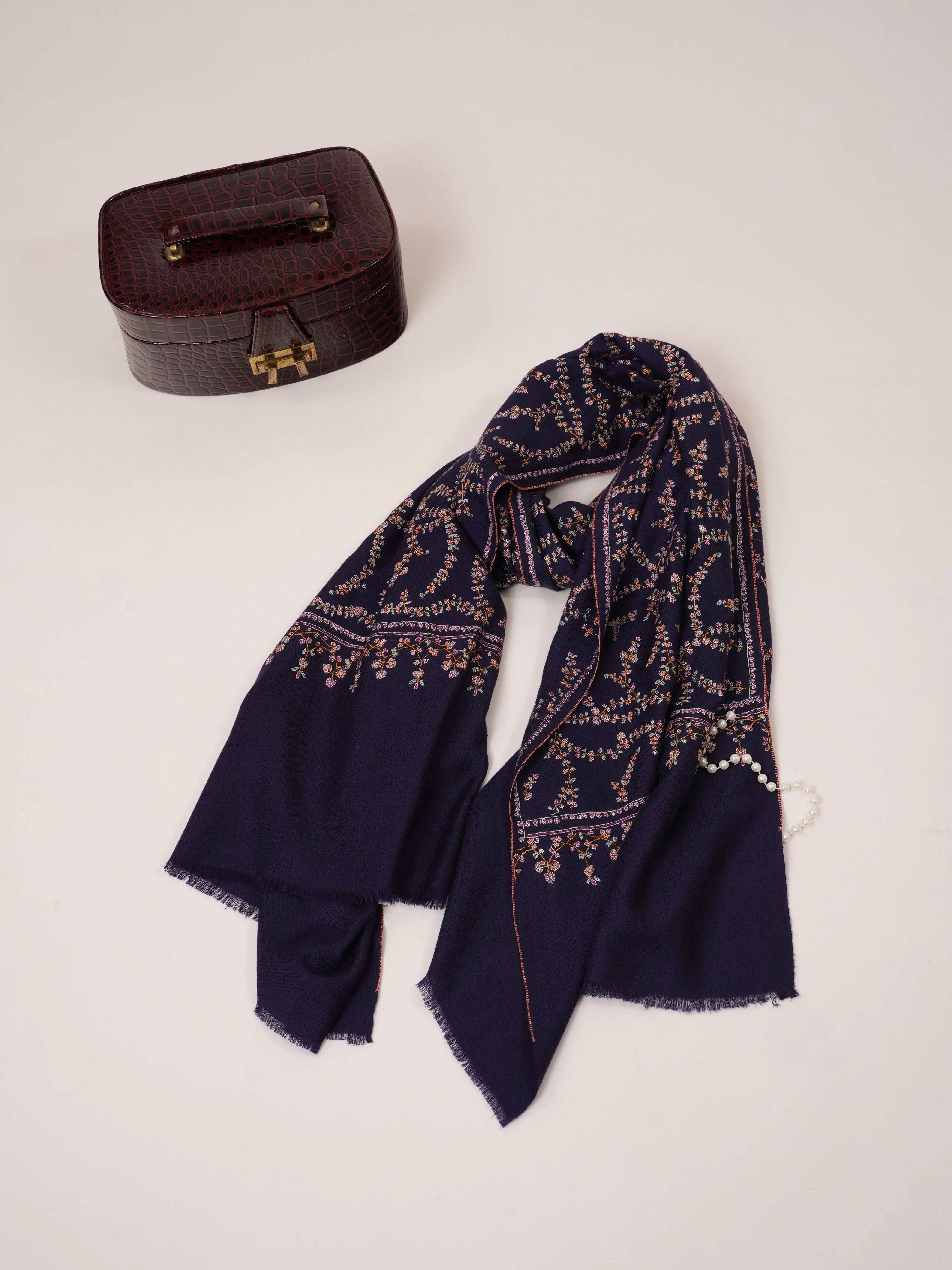 Royal Blue Hand Embroidered Soft Cashmere Scarf Shahkaar.com