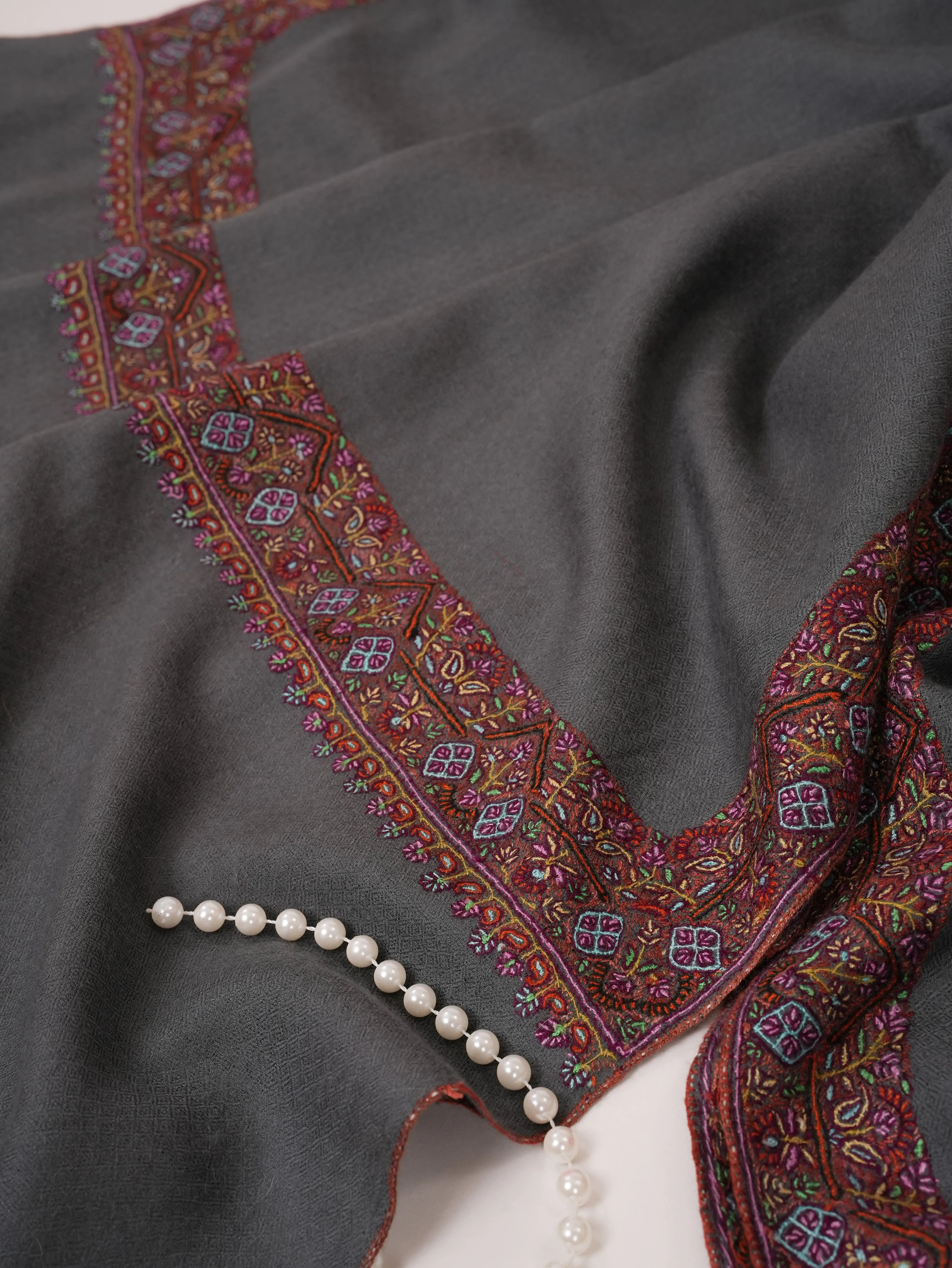 Grey Pure Pashmina Shawl with Neemdaur Hand Embroidery Shahkaar.com