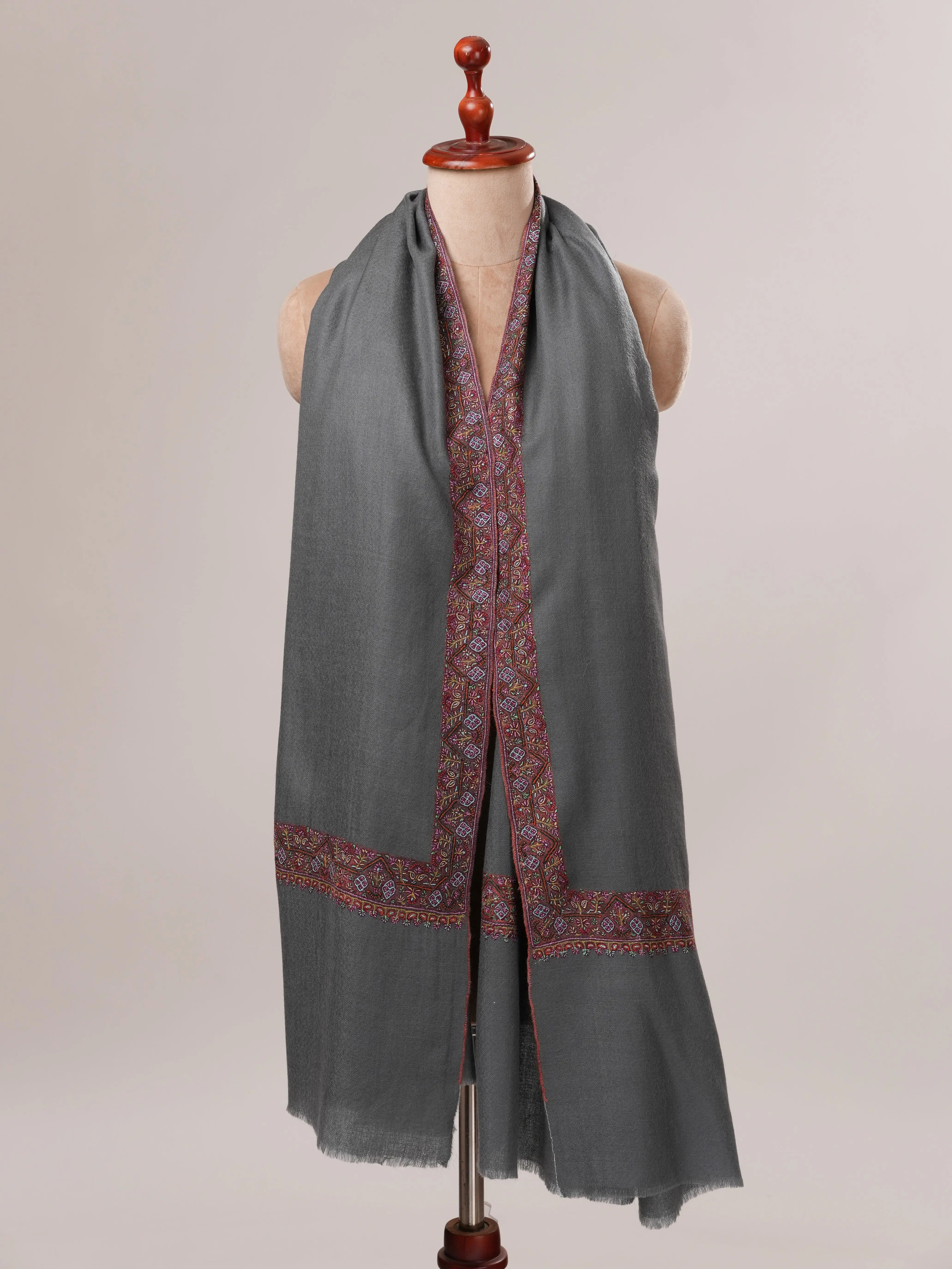 Grey Pure Pashmina Shawl with Neemdaur Hand Embroidery Shahkaar.com