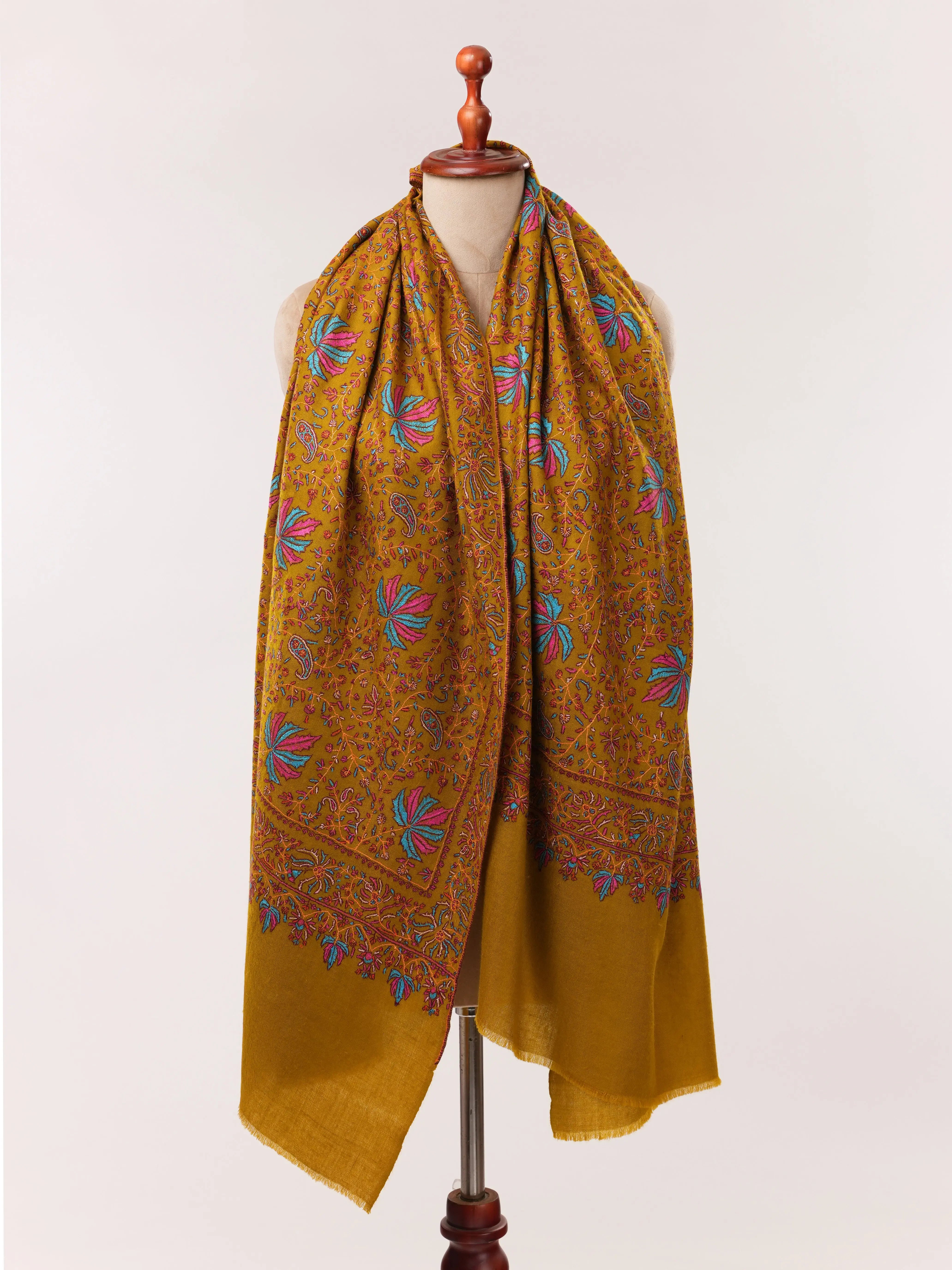 Mustard Soft Pashmina Shawl with All Over Hand Embroidery Shahkaar.com