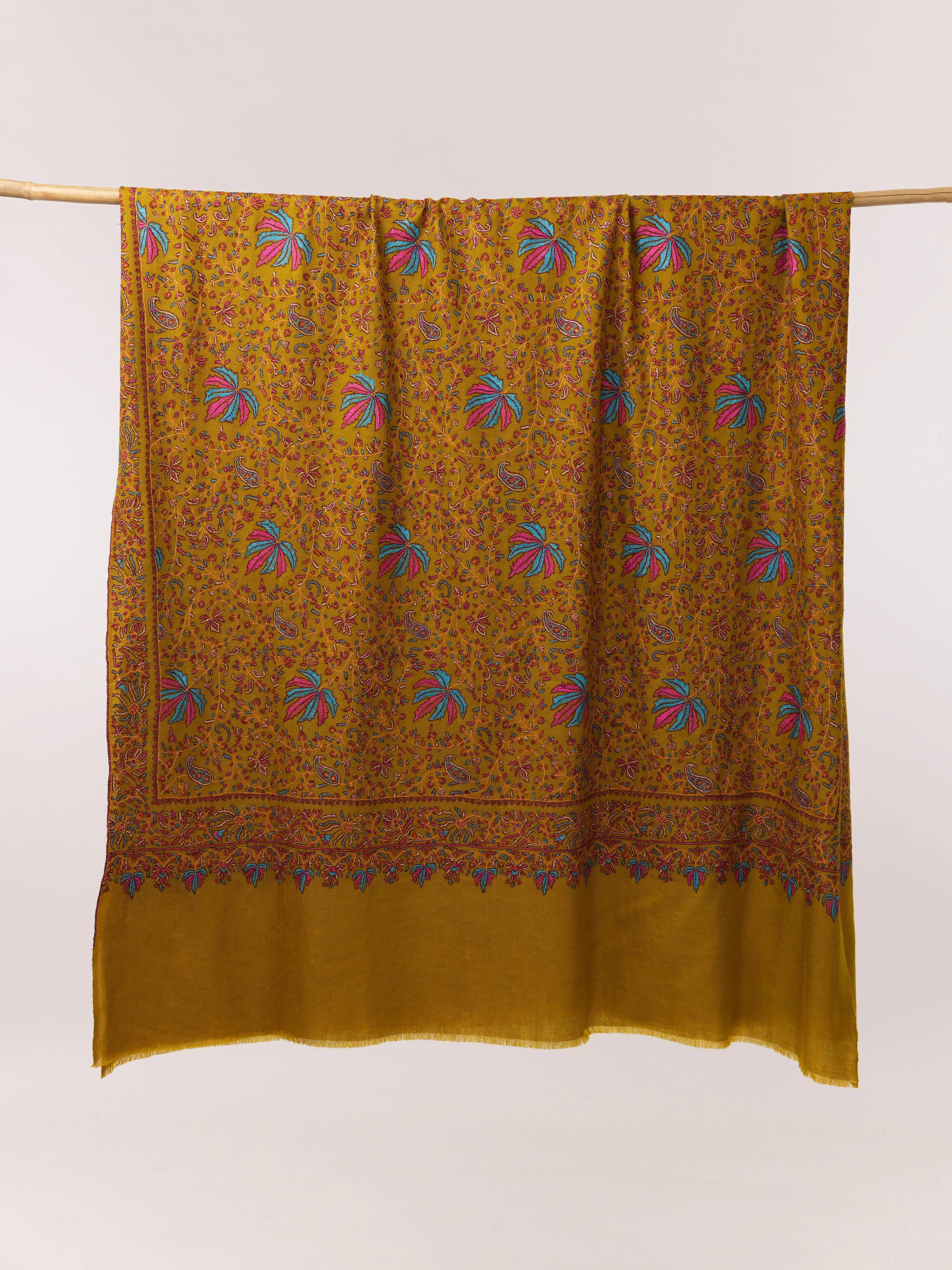 Mustard Soft Pashmina Shawl with All Over Hand Embroidery Shahkaar.com