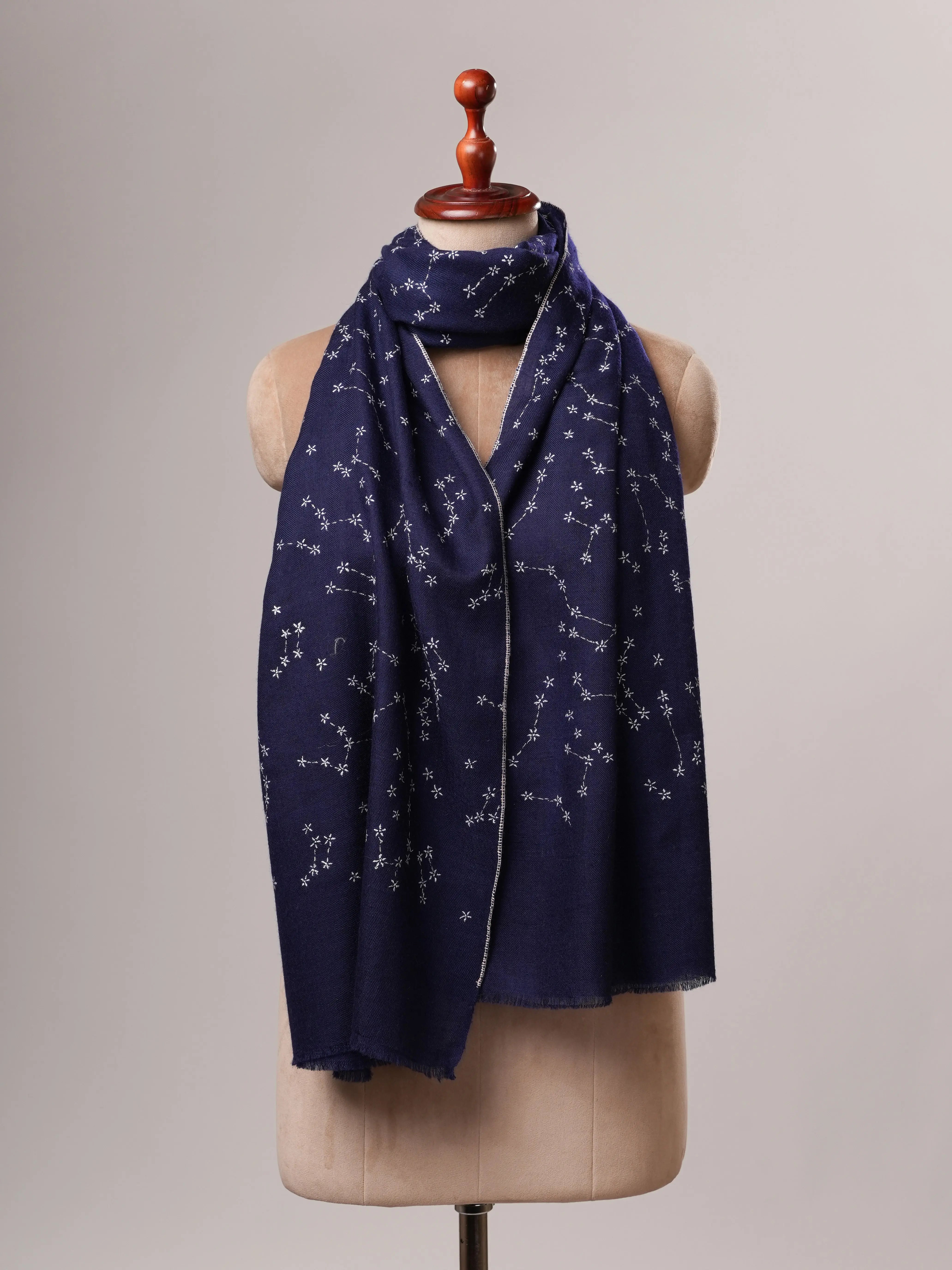 Navy Blue Soft Cashmere Scarf with Star Constellation Embroidery Shahkaar