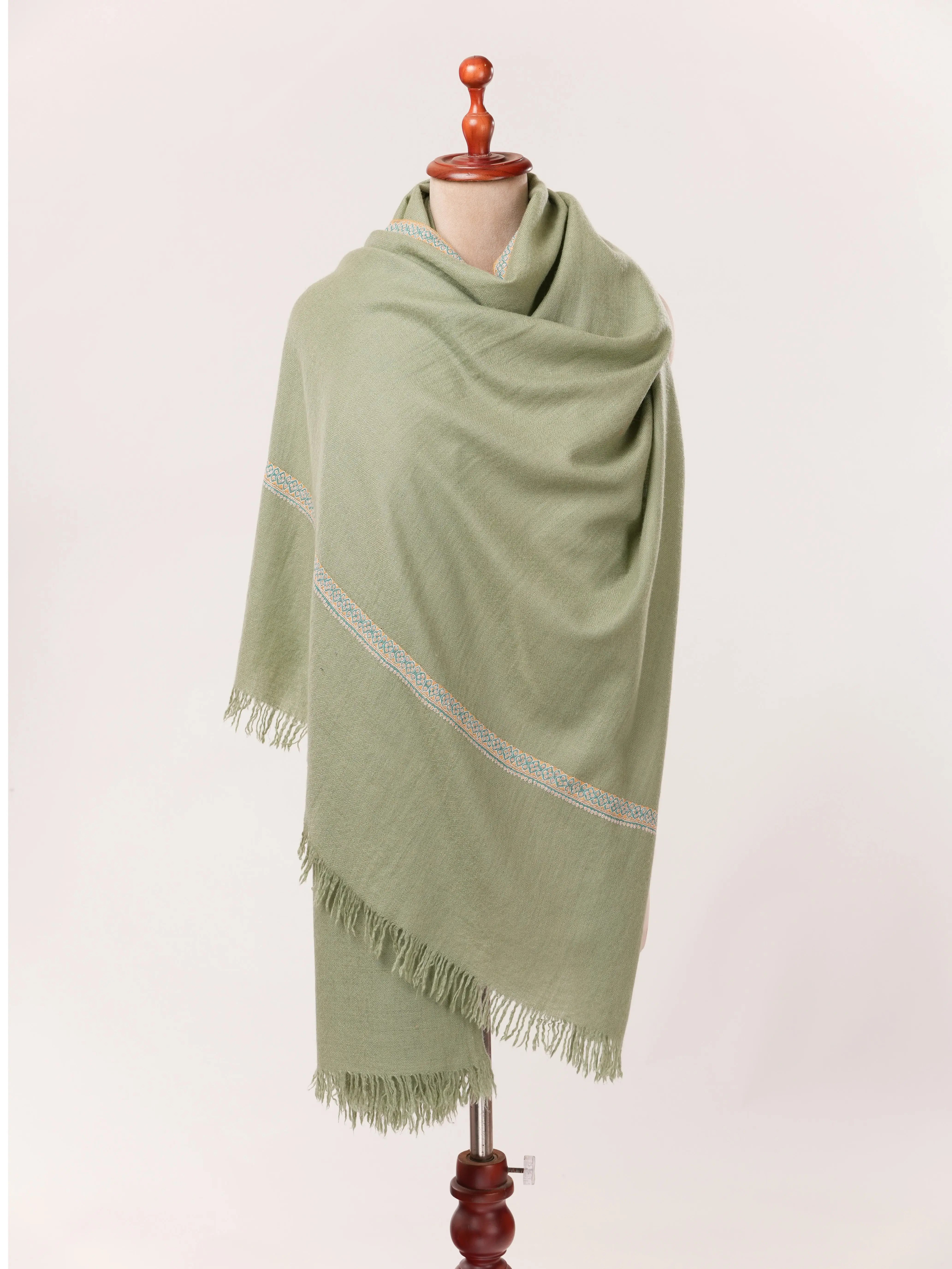 Handspun Green Kashmiri Handwoven Pashmina Shawl with Hashia Hand Sozni Embroidery Shahkaar.com