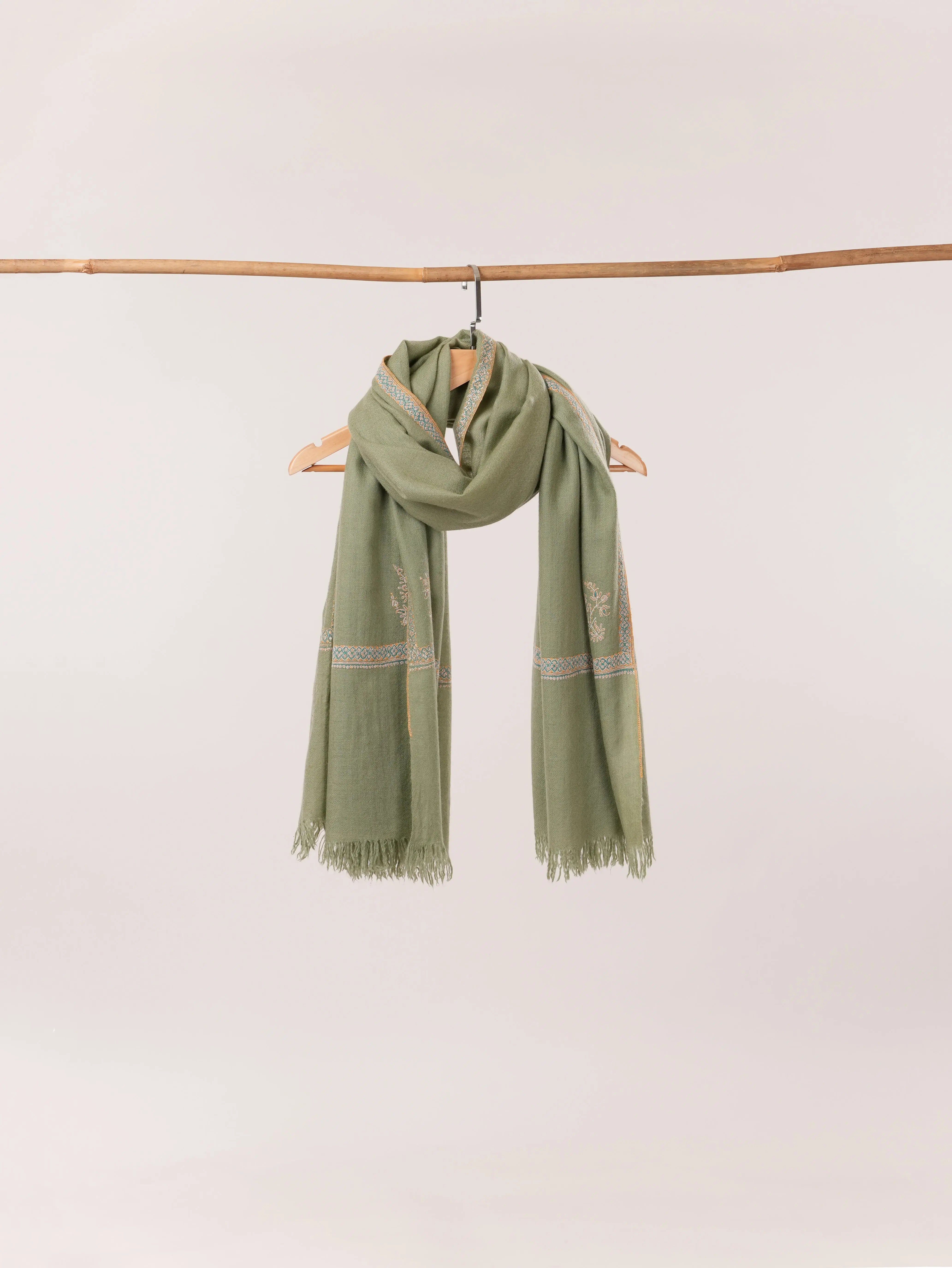 Handspun Green Kashmiri Handwoven Pashmina Shawl with Hashia Hand Sozni Embroidery Shahkaar.com
