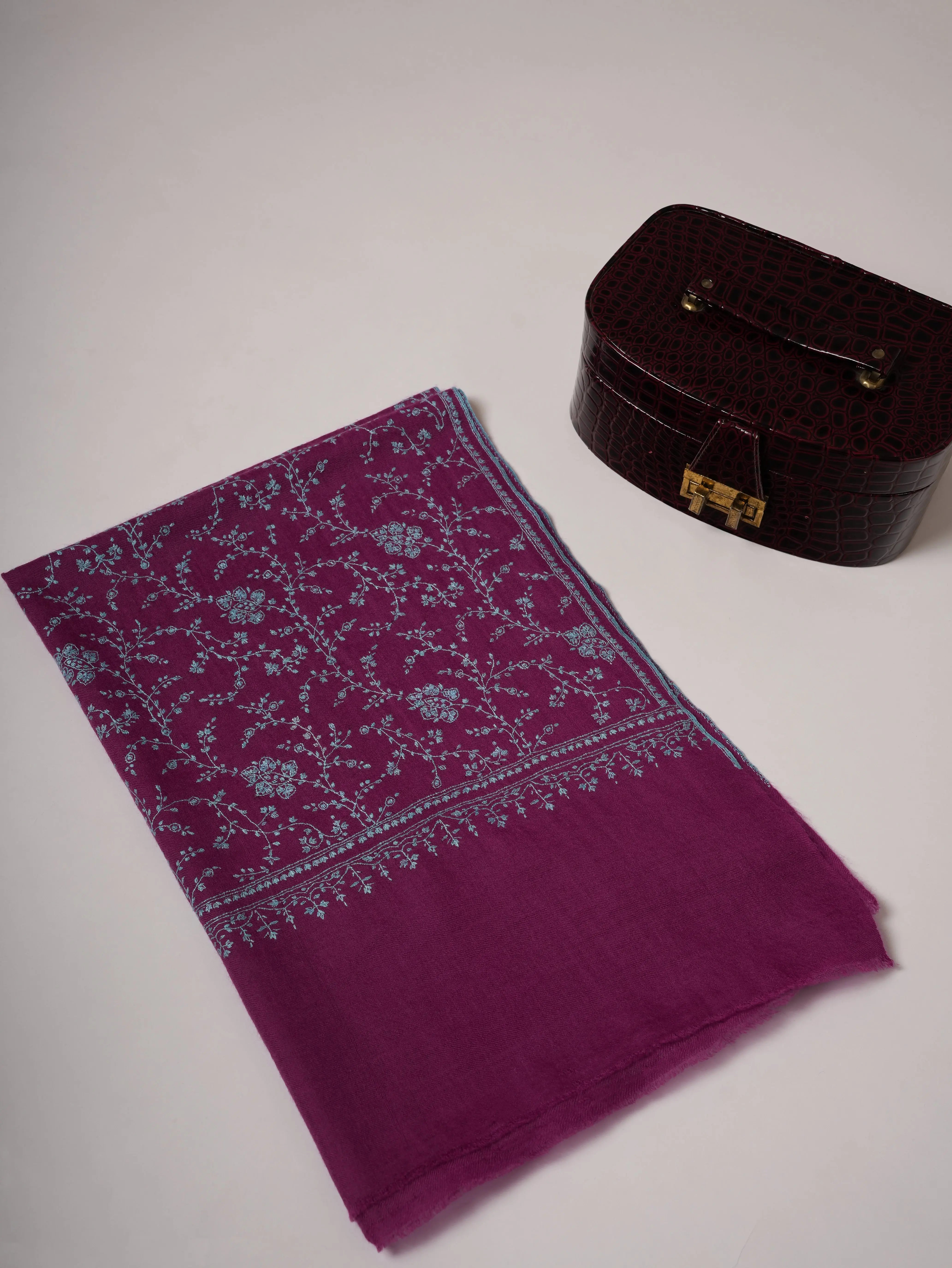 Purple Handwoven Cashmere Scarf with All-Over Sozni Jali Hand Embroidery Shahkaar