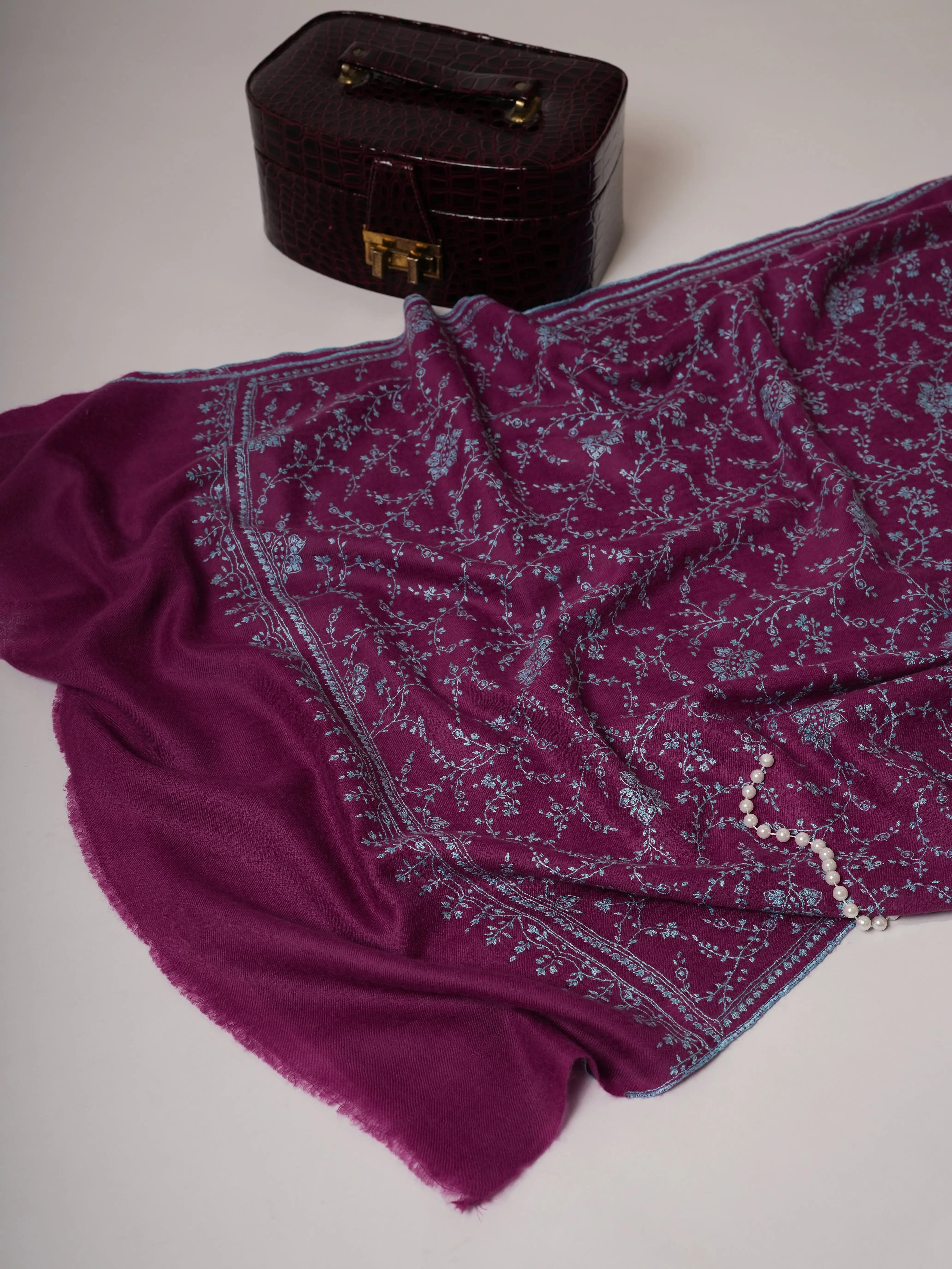 Purple Handwoven Cashmere Scarf with All-Over Sozni Jali Hand Embroidery Shahkaar