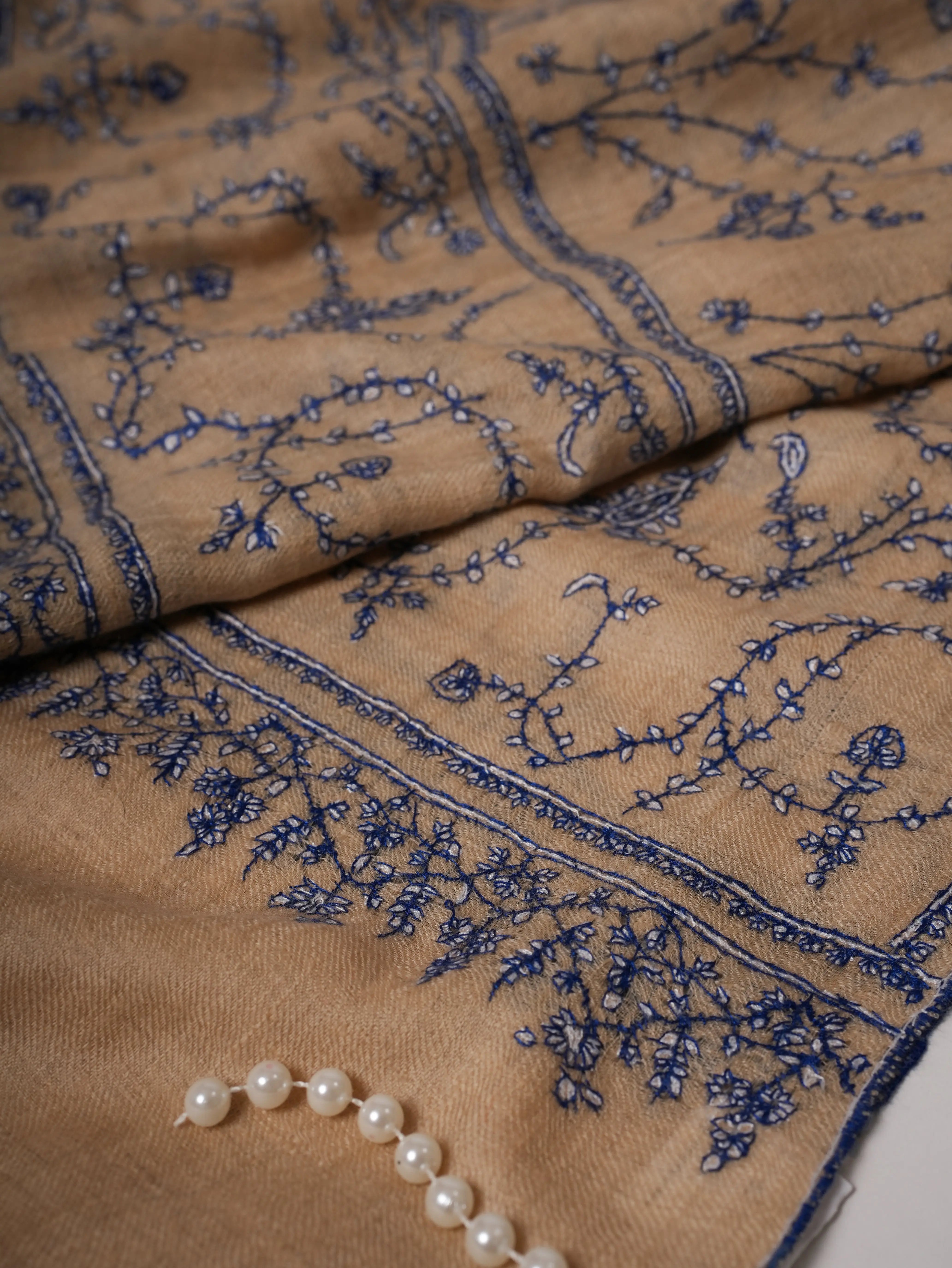 Tan Baby Soft Cashmere Scarf with All-Over Sozni Embroidery Shahkaar