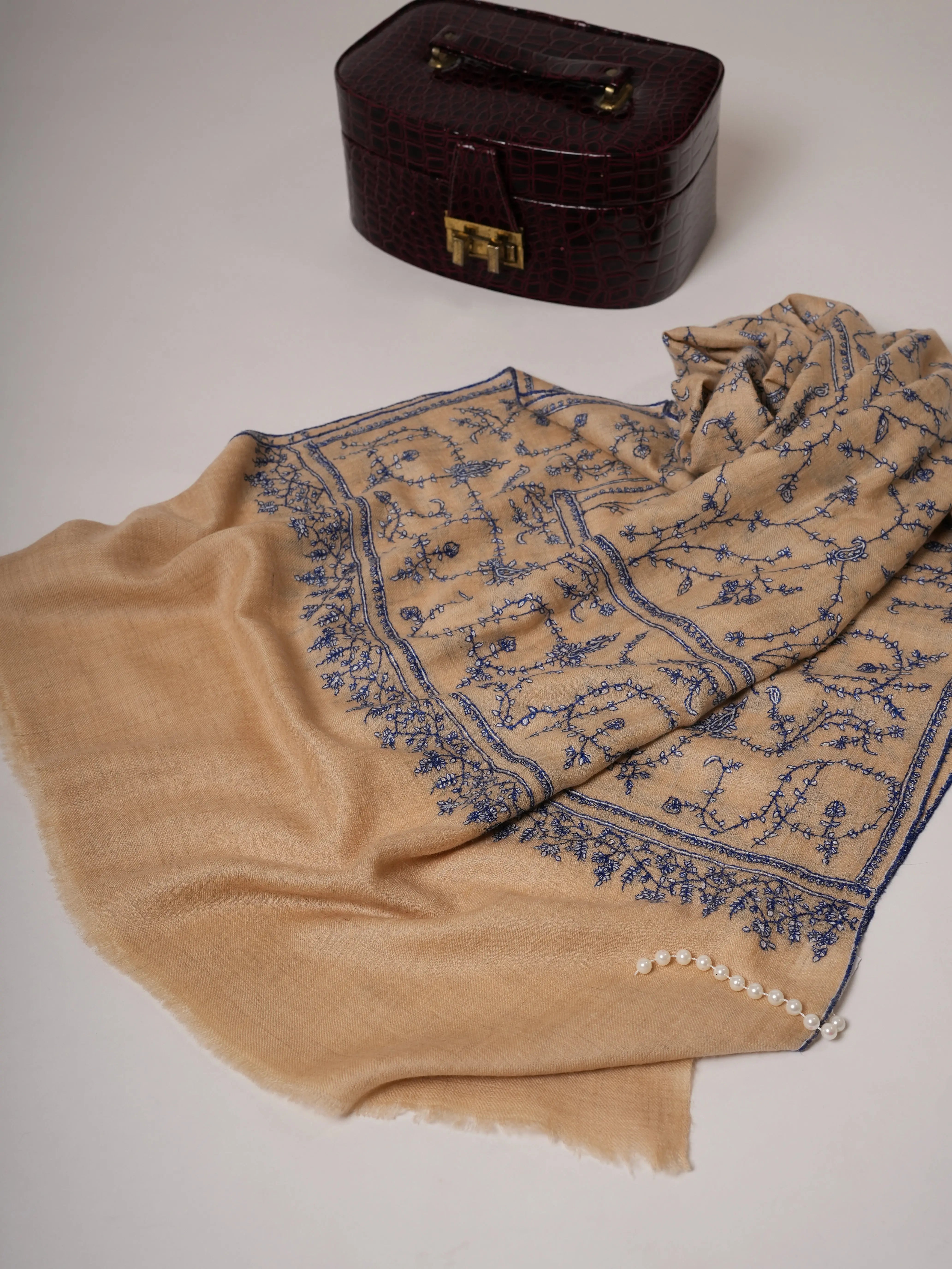Tan Baby Soft Cashmere Scarf with All-Over Sozni Embroidery Shahkaar