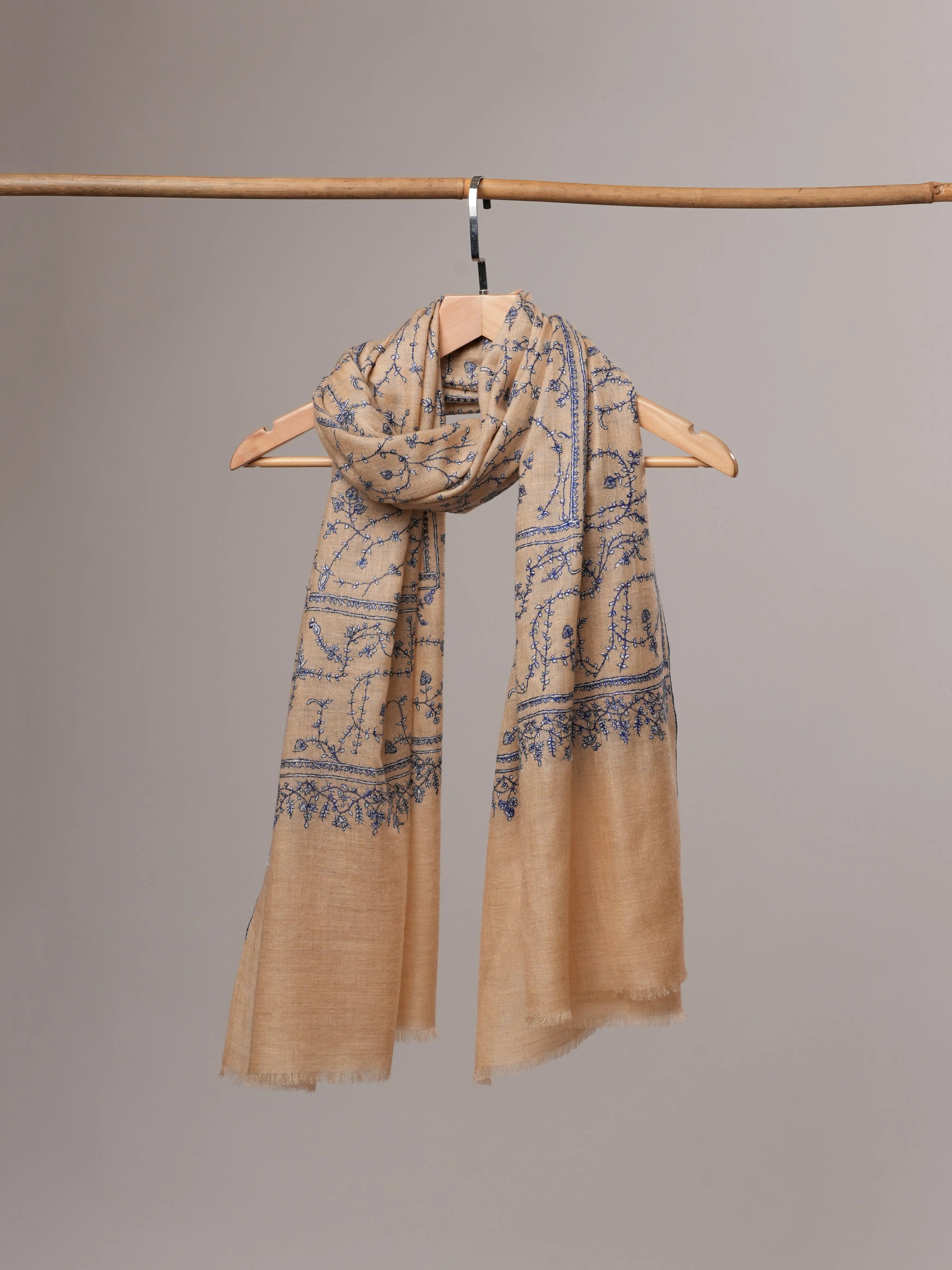Tan Baby Soft Cashmere Scarf with All-Over Sozni Embroidery Shahkaar
