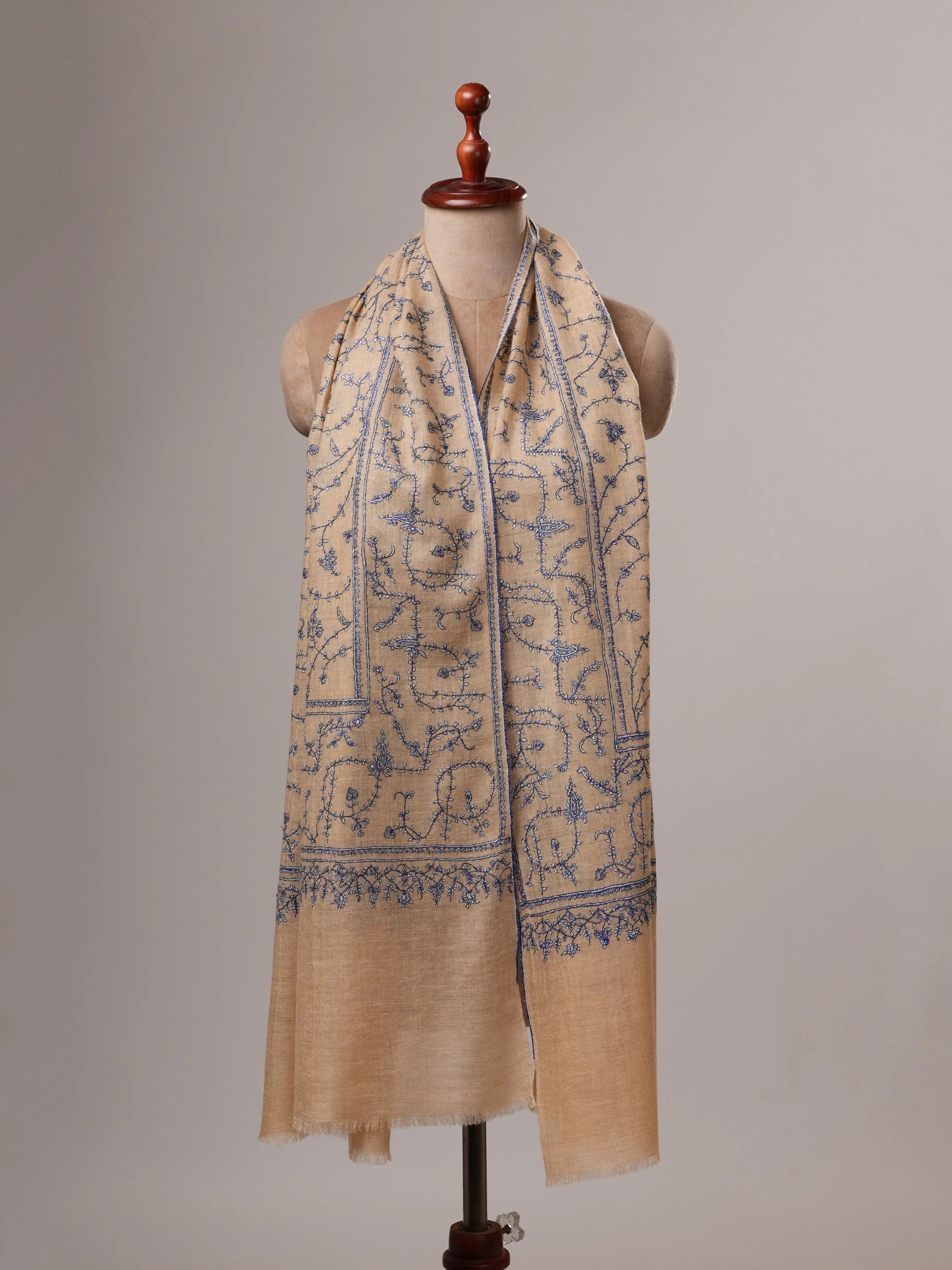 Tan Baby Soft Cashmere Scarf with All-Over Sozni Embroidery Shahkaar