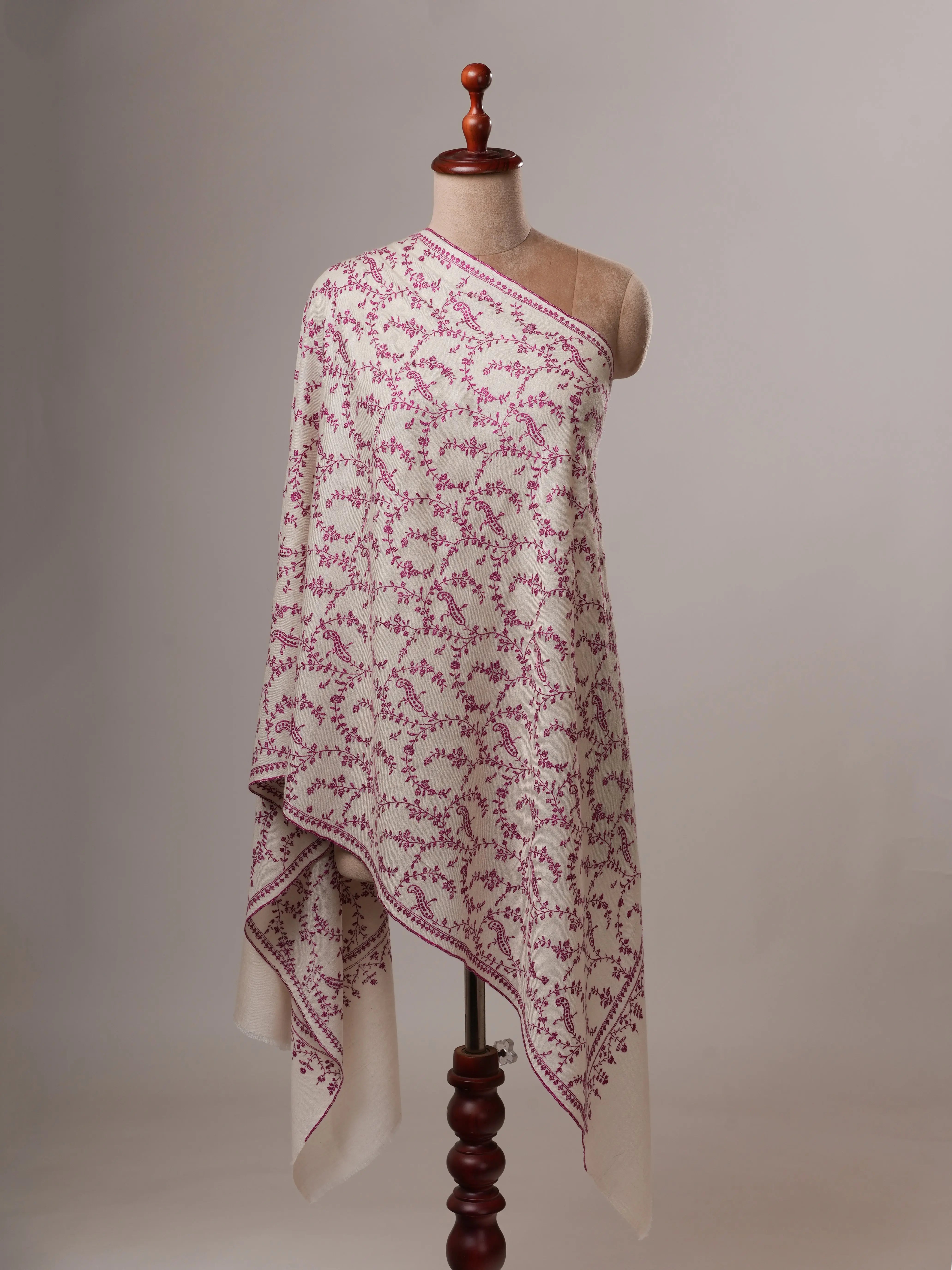 Natural White Baby Soft Cashmere Scarf with All-Over Purple Sozni Embroidery Shahkaar