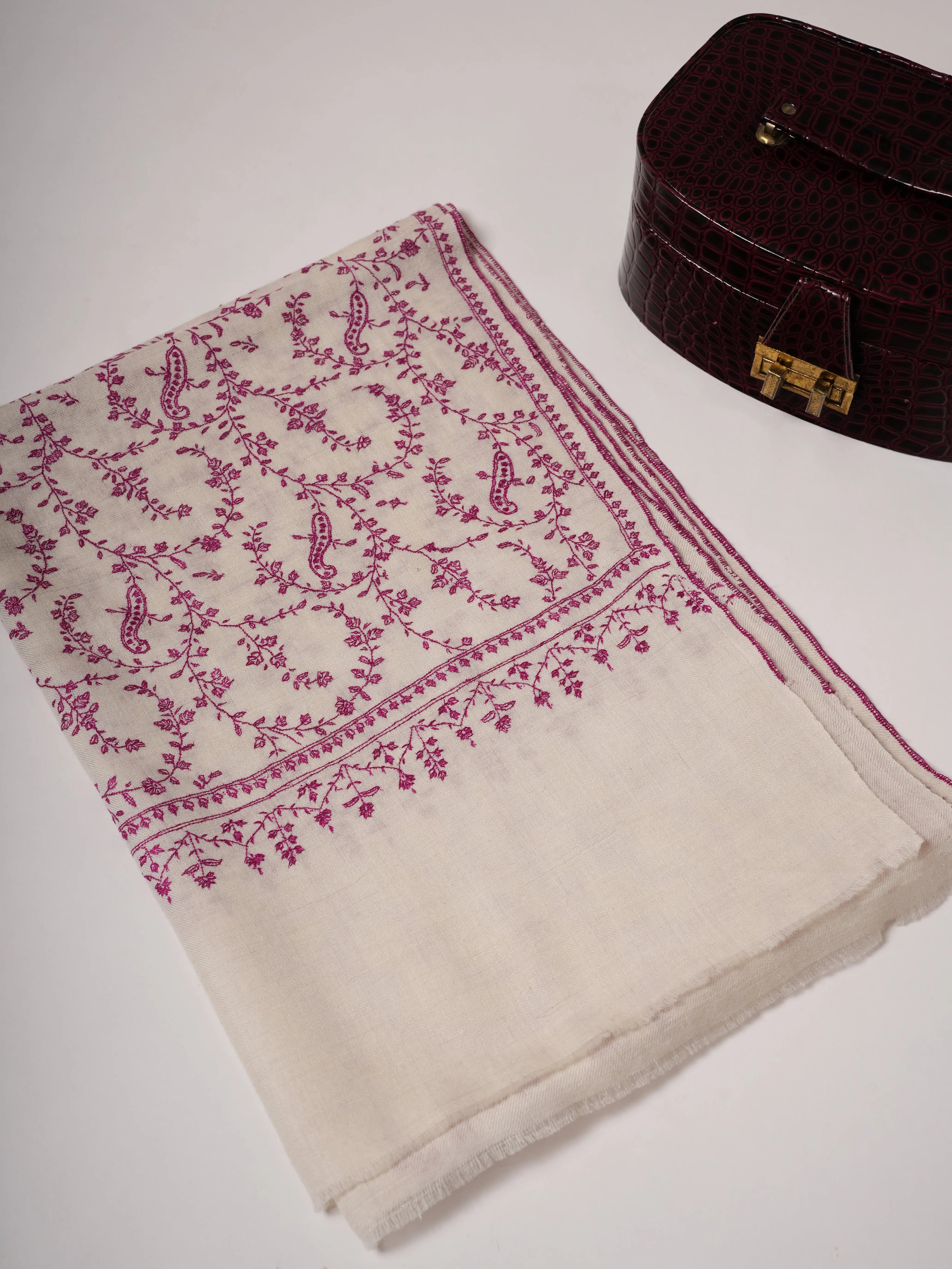 Natural White Baby Soft Cashmere Scarf with All-Over Purple Sozni Embroidery Shahkaar