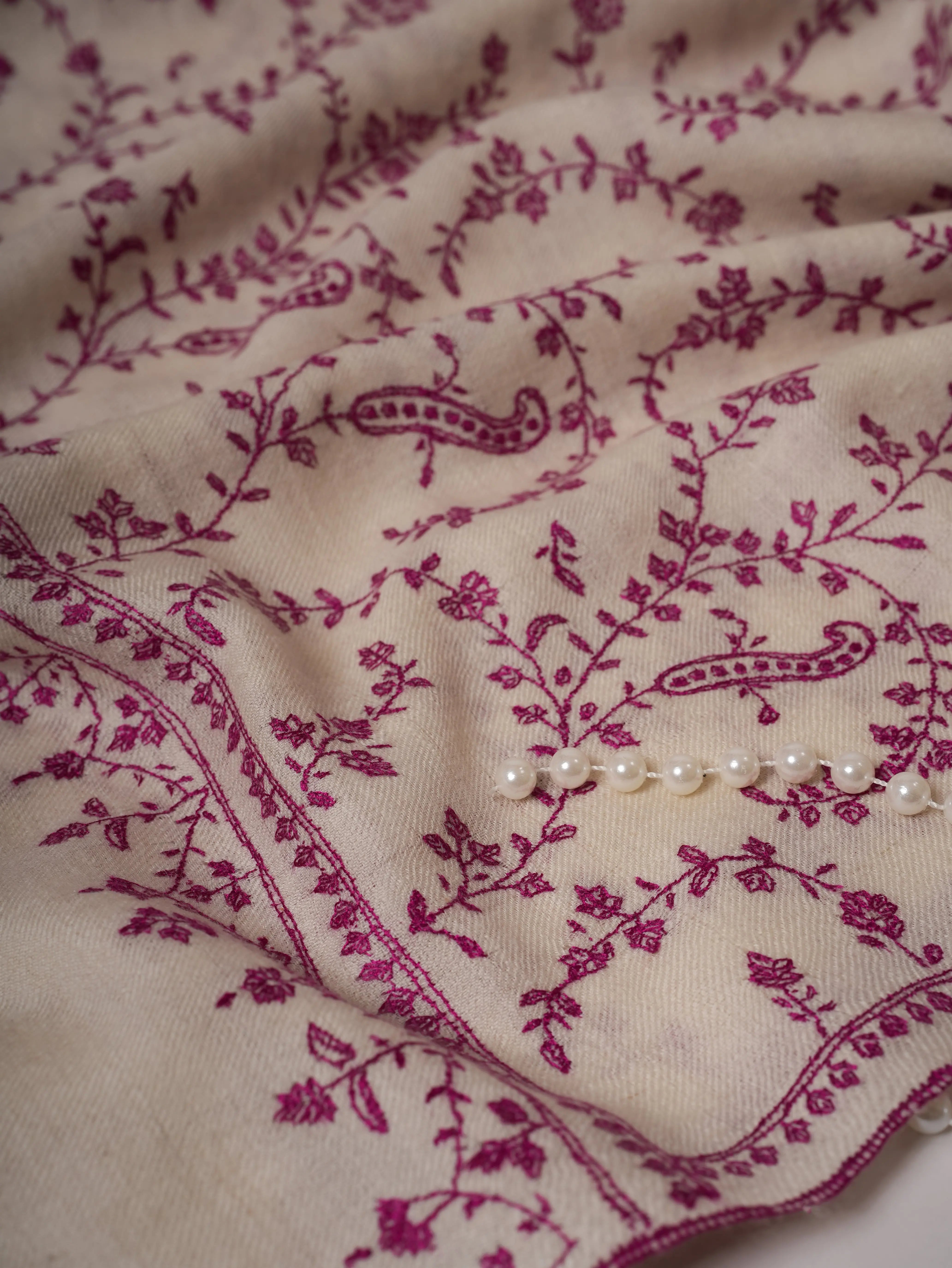 Natural White Baby Soft Cashmere Scarf with All-Over Purple Sozni Embroidery Shahkaar