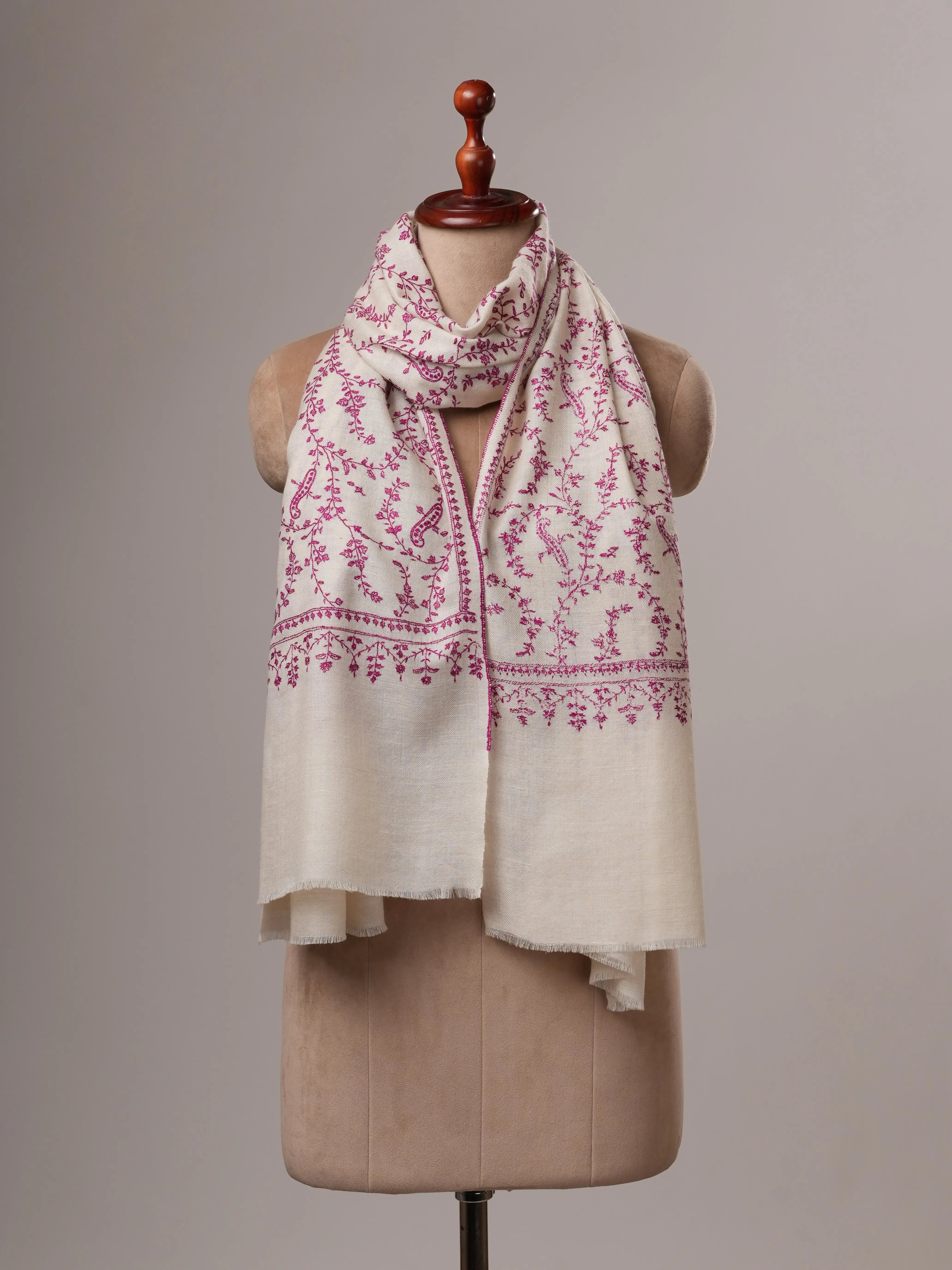 Natural White Baby Soft Cashmere Scarf with All-Over Purple Sozni Embroidery Shahkaar