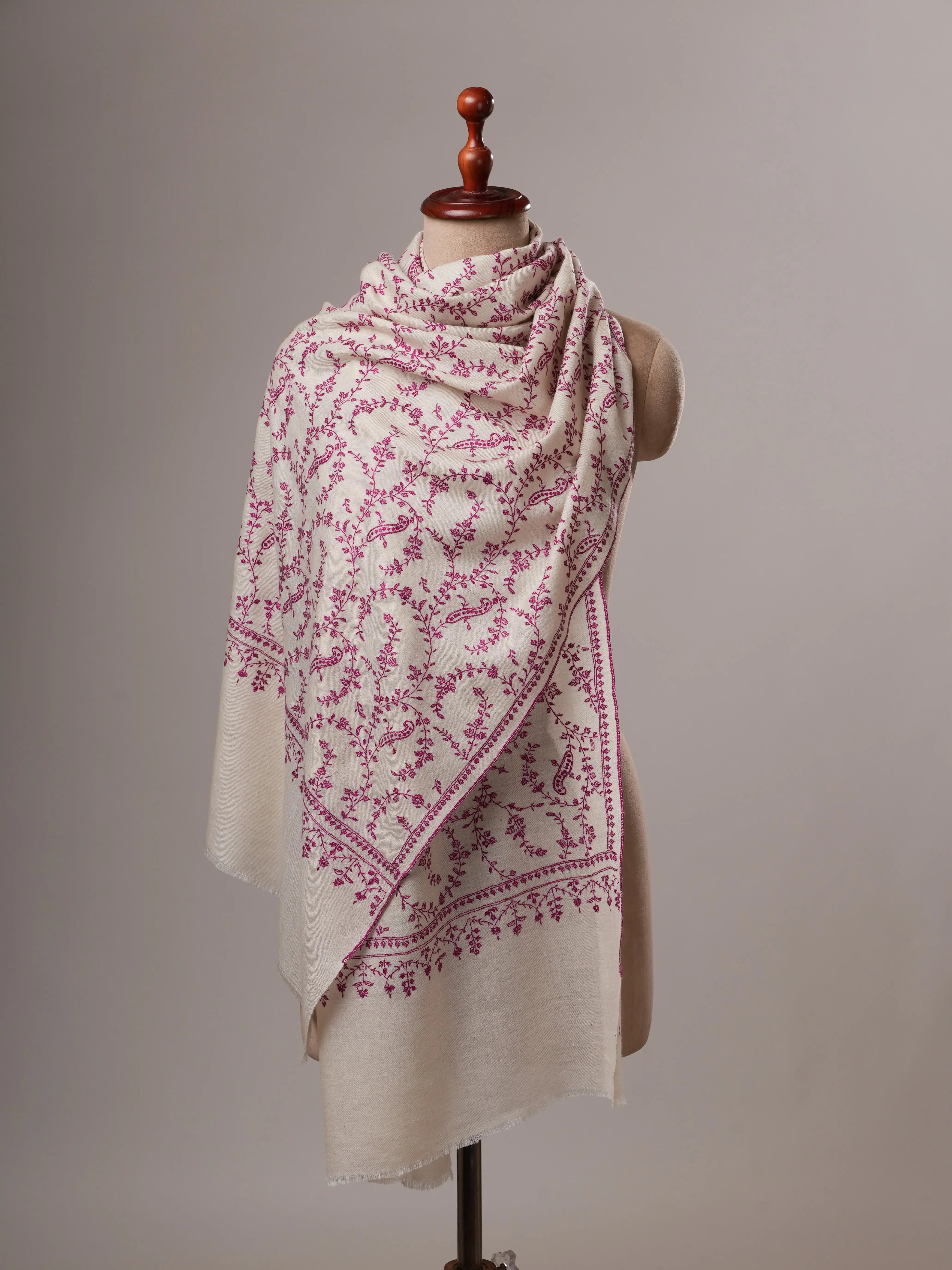 Natural White Baby Soft Cashmere Scarf with All-Over Purple Sozni Embroidery Shahkaar