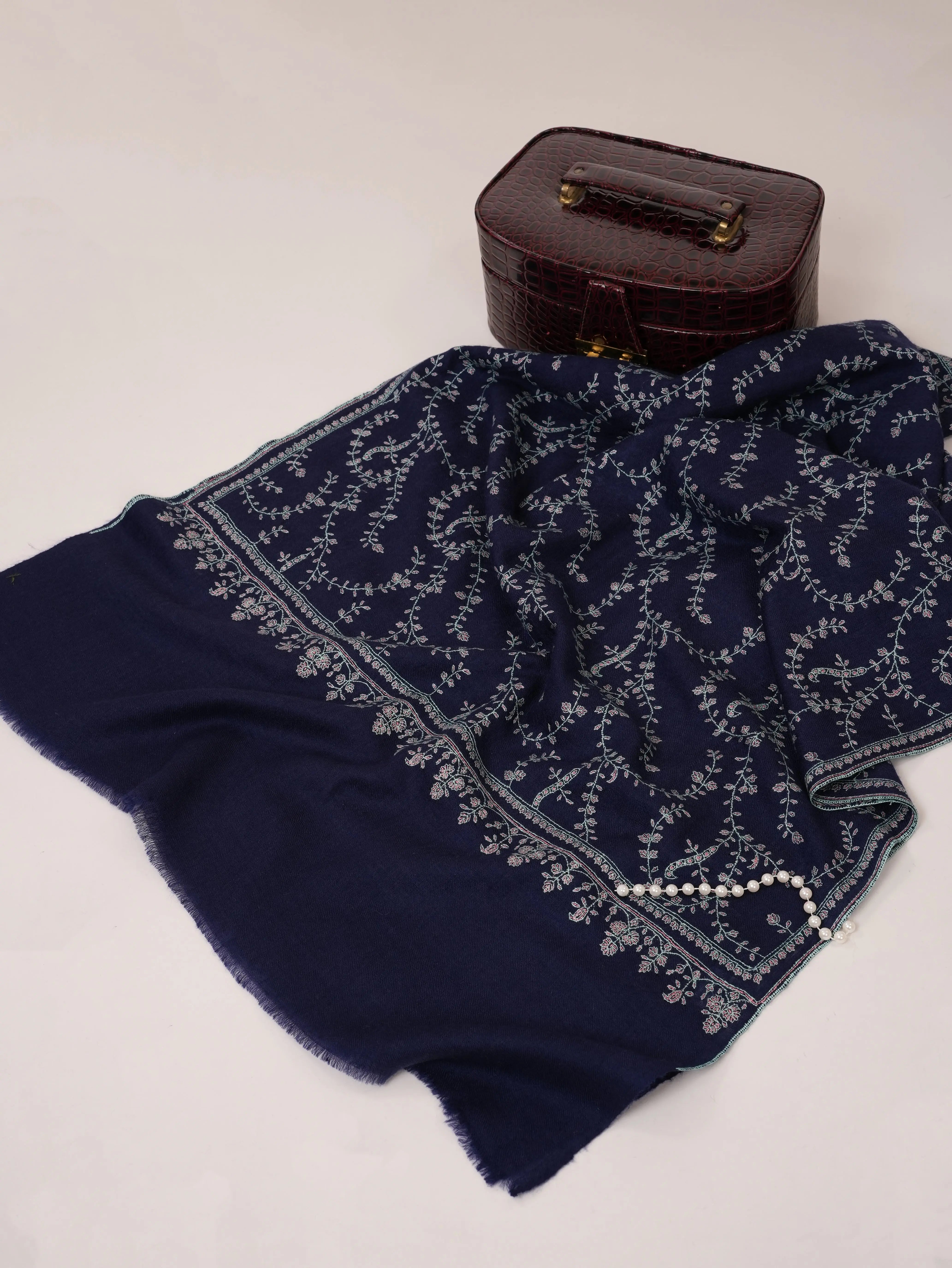 Navy Hand Embroidered Pure Cashmere Scarf Shahkaar.com