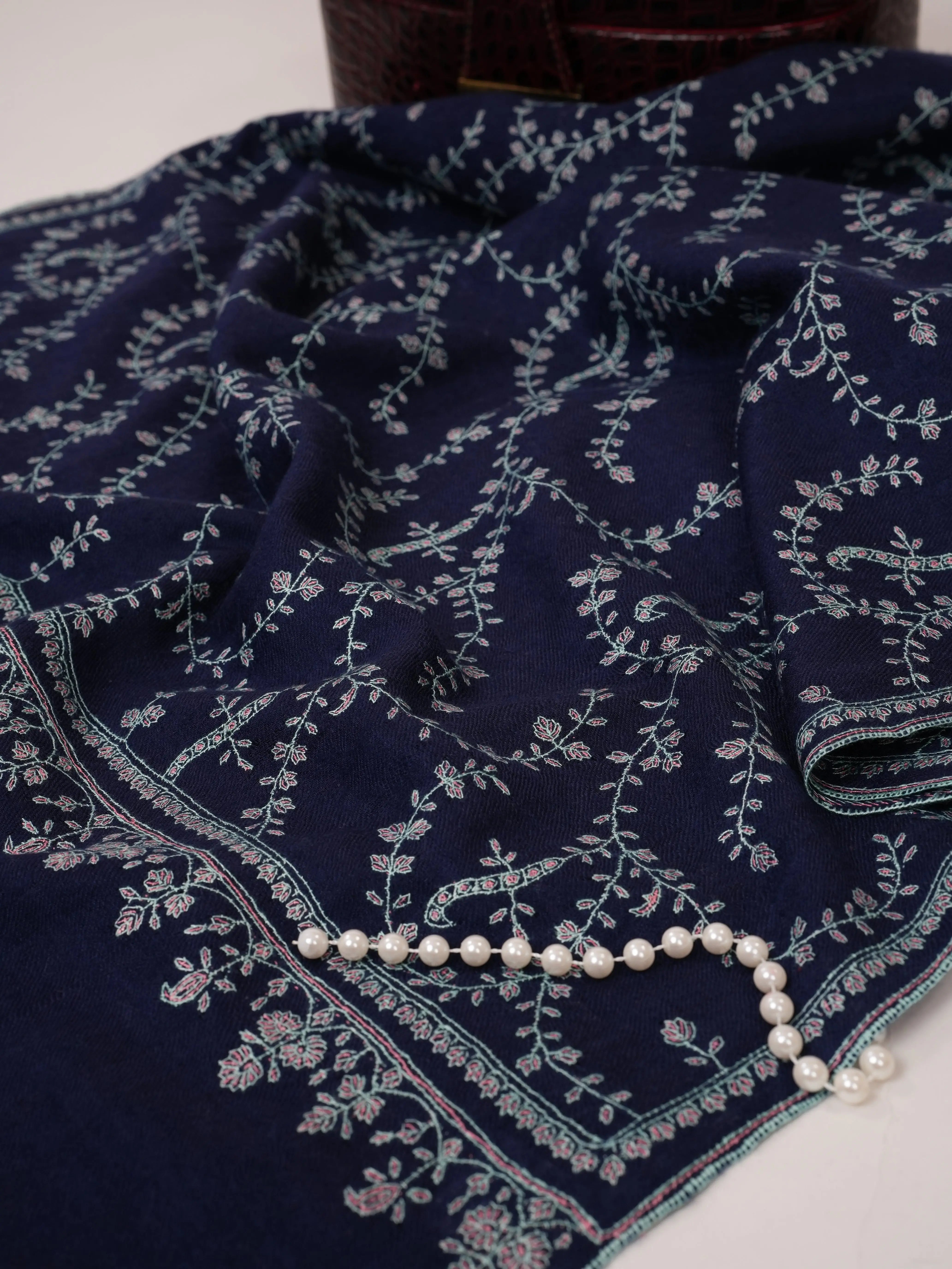 Navy Hand Embroidered Pure Cashmere Scarf Shahkaar.com