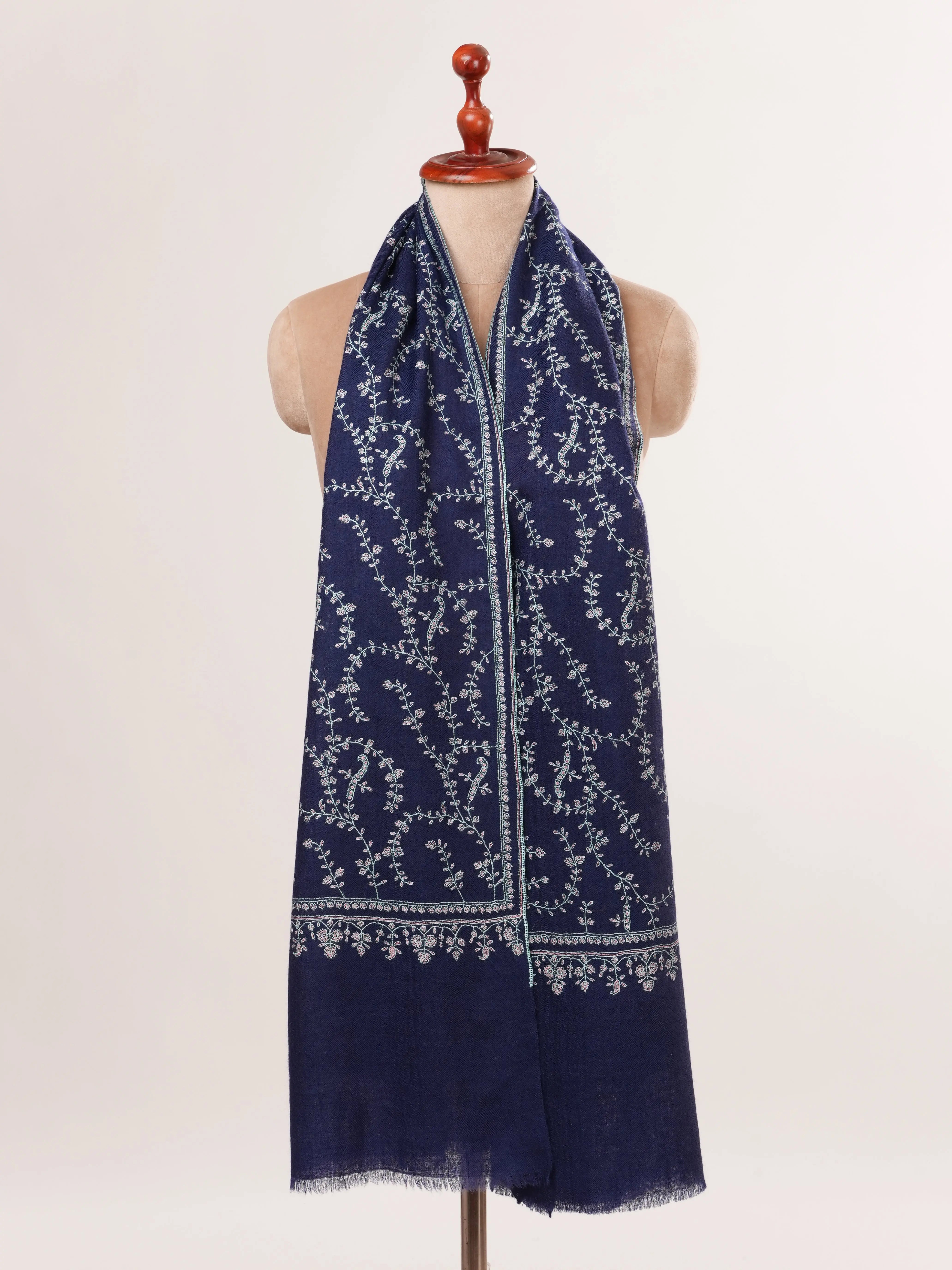 Navy Hand Embroidered Pure Cashmere Scarf Shahkaar.com