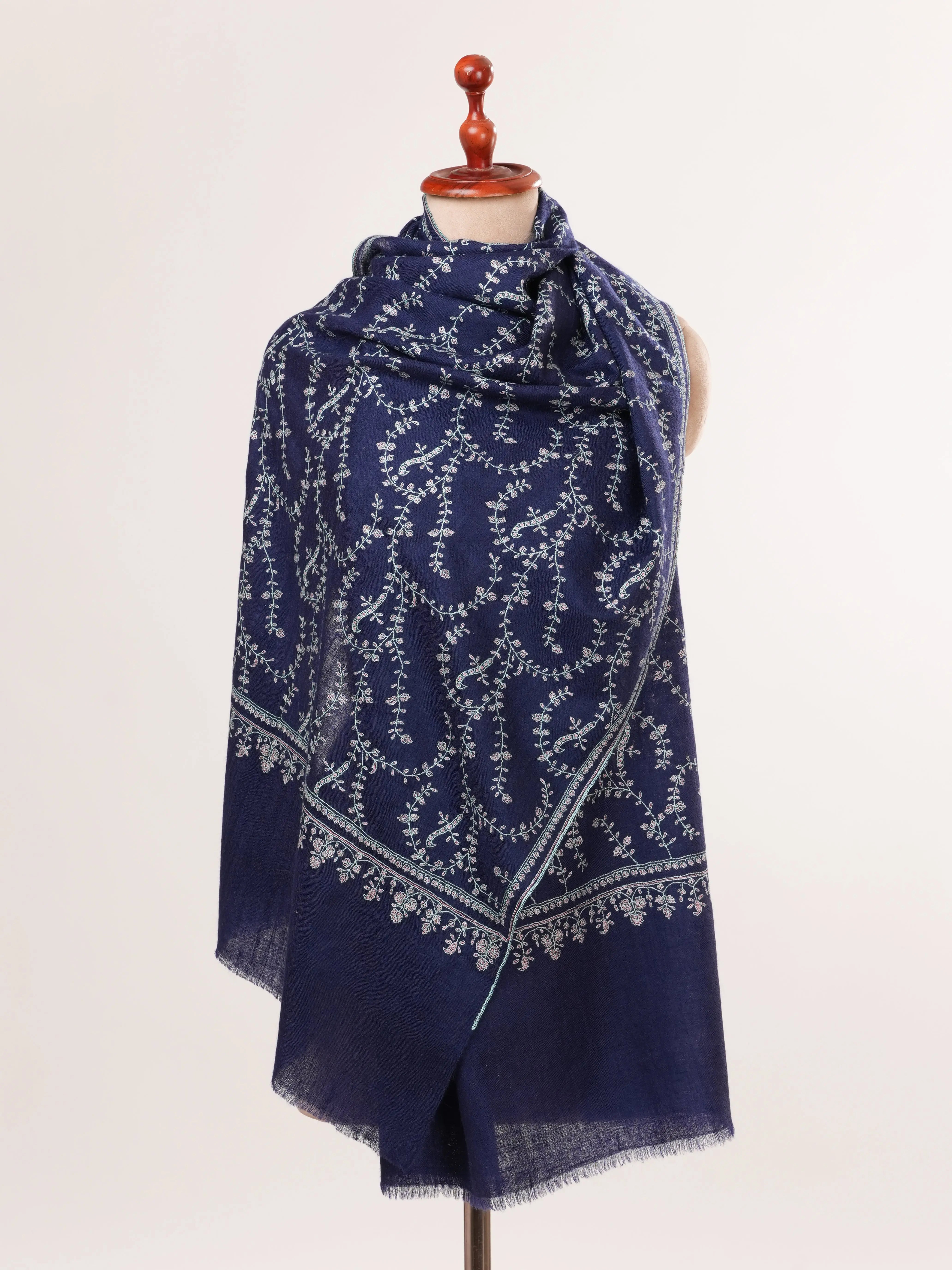 Navy Hand Embroidered Pure Cashmere Scarf Shahkaar.com