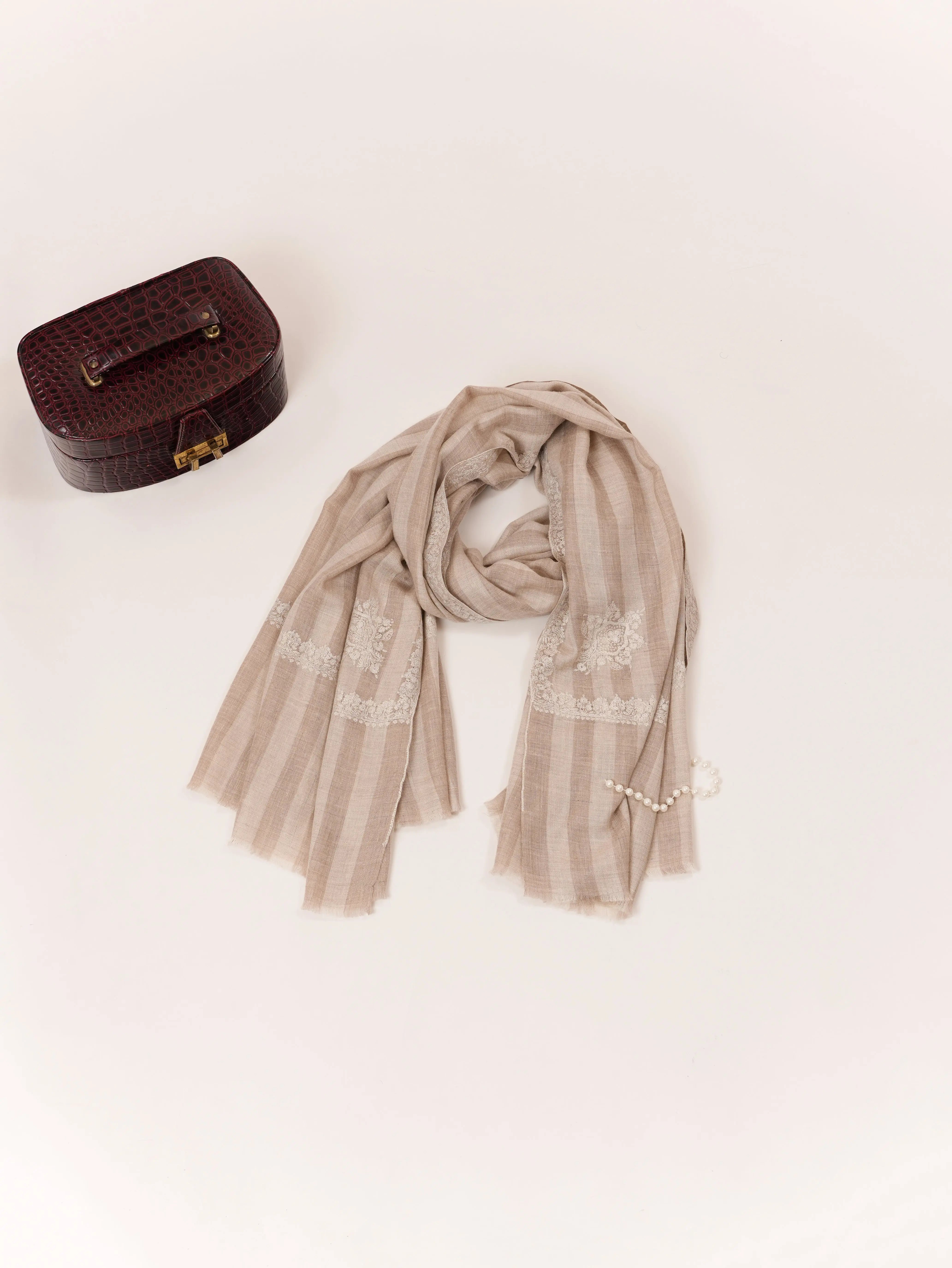 Natural White Taupe Kashmiri Handwoven Soft Pashmina Shawl with Hashia Embroidery Shahkaar.com