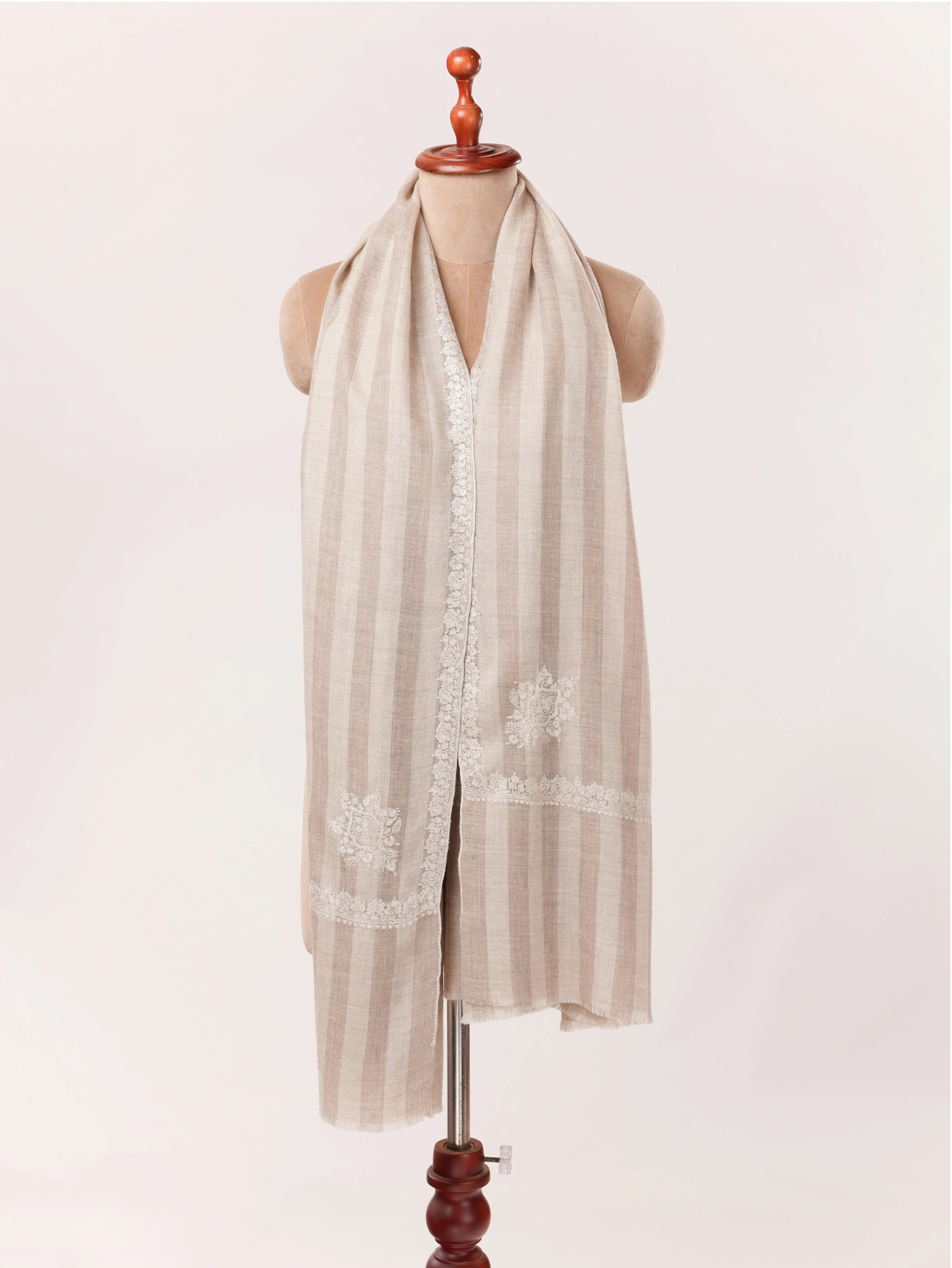 Natural White Taupe Kashmiri Handwoven Soft Pashmina Shawl with Hashia Embroidery Shahkaar.com