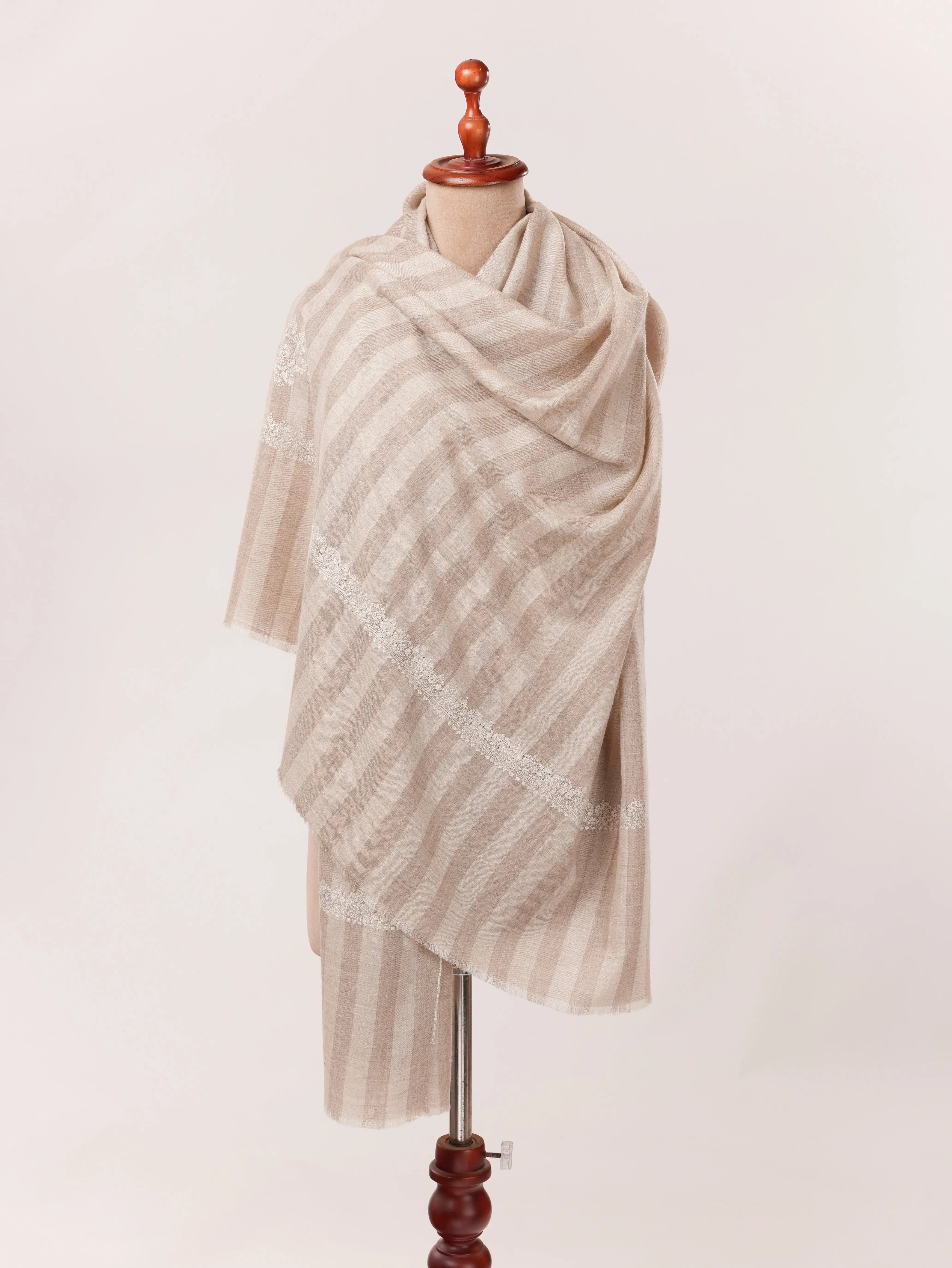Natural White Taupe Kashmiri Handwoven Soft Pashmina Shawl with Hashia Embroidery Shahkaar.com