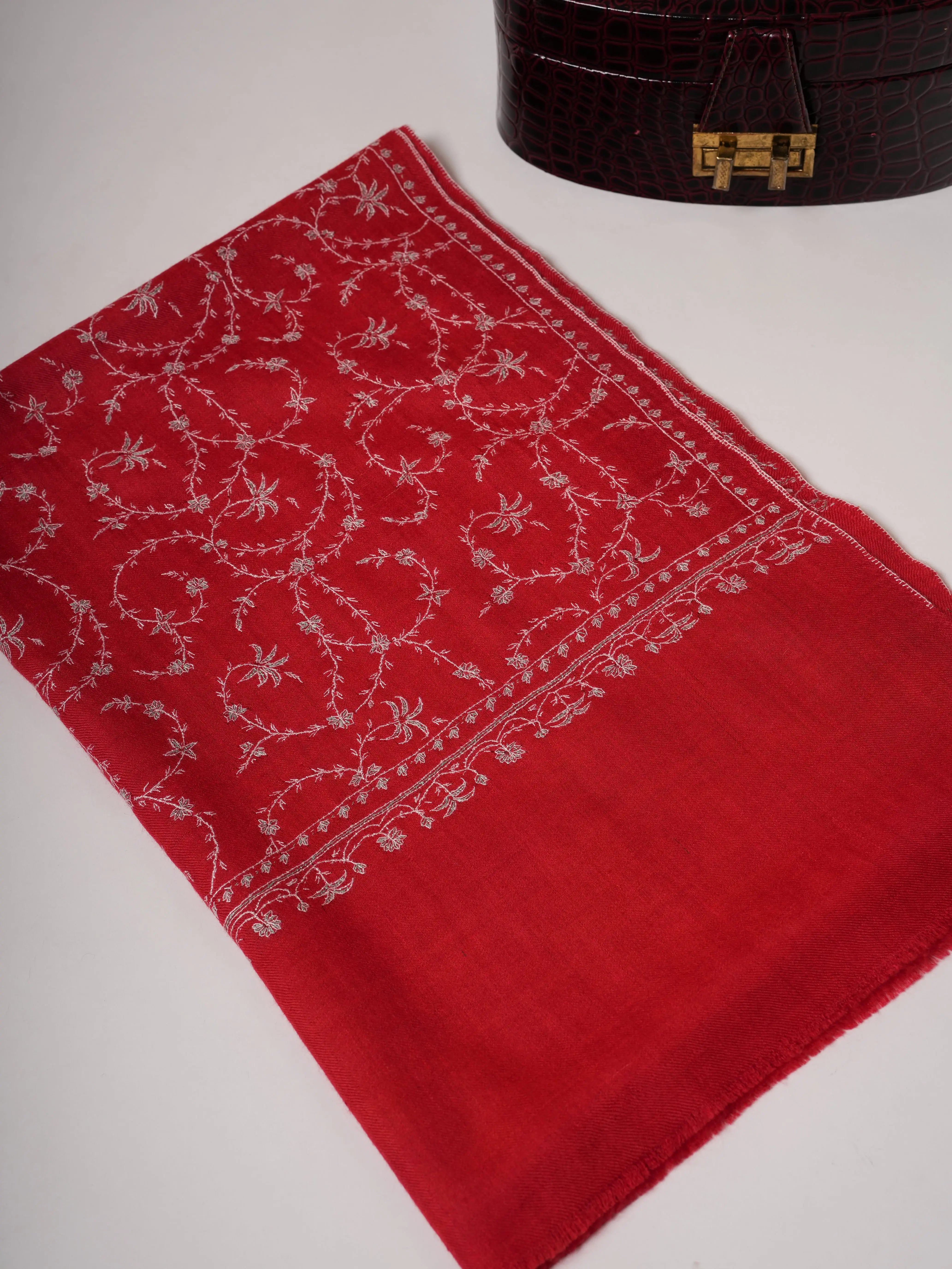 Red Featherlight Cashmere Scarf with All-Over Jali Sozni Embroidery Shahkaar