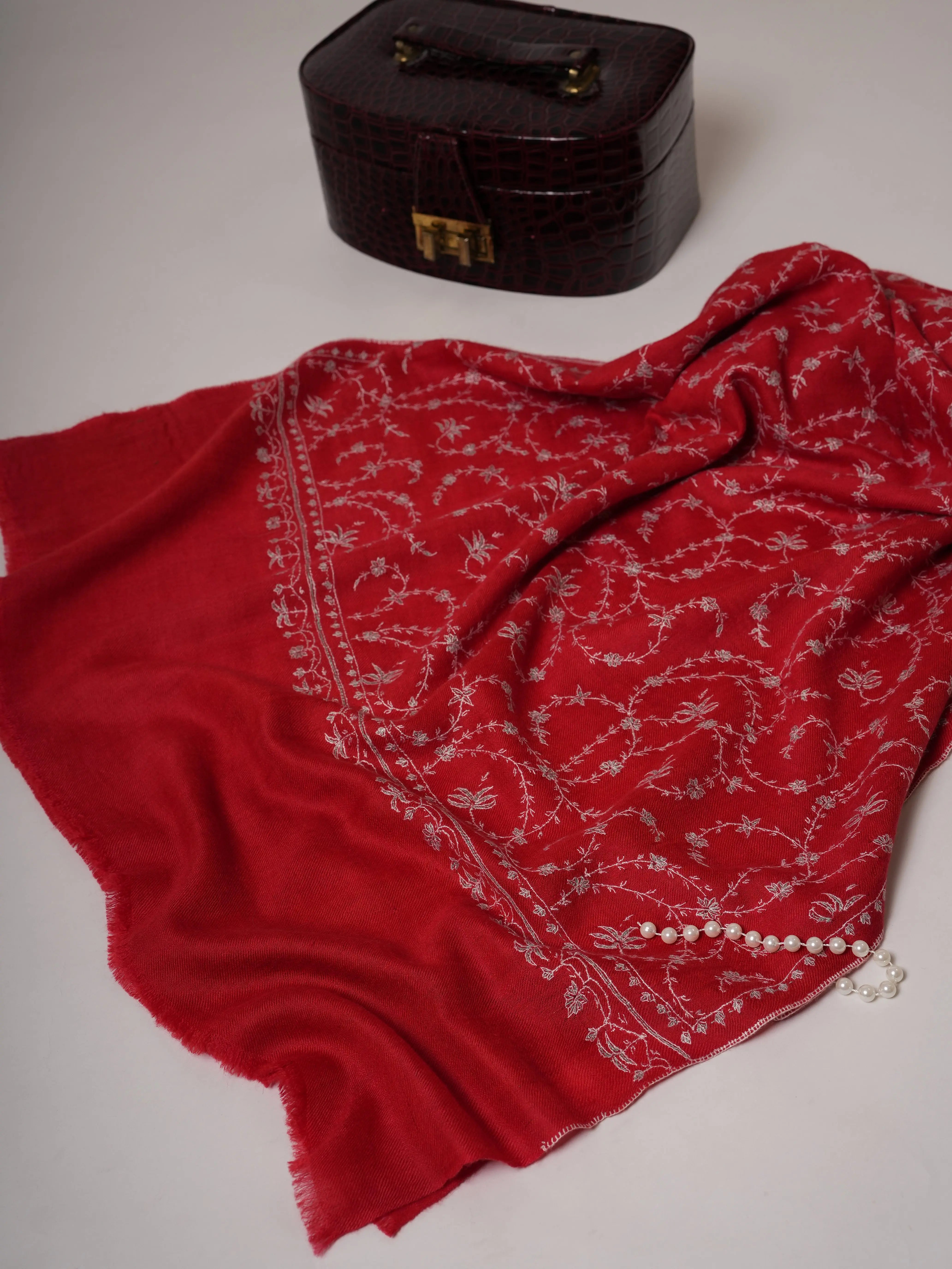 Red Featherlight Cashmere Scarf with All-Over Jali Sozni Embroidery Shahkaar