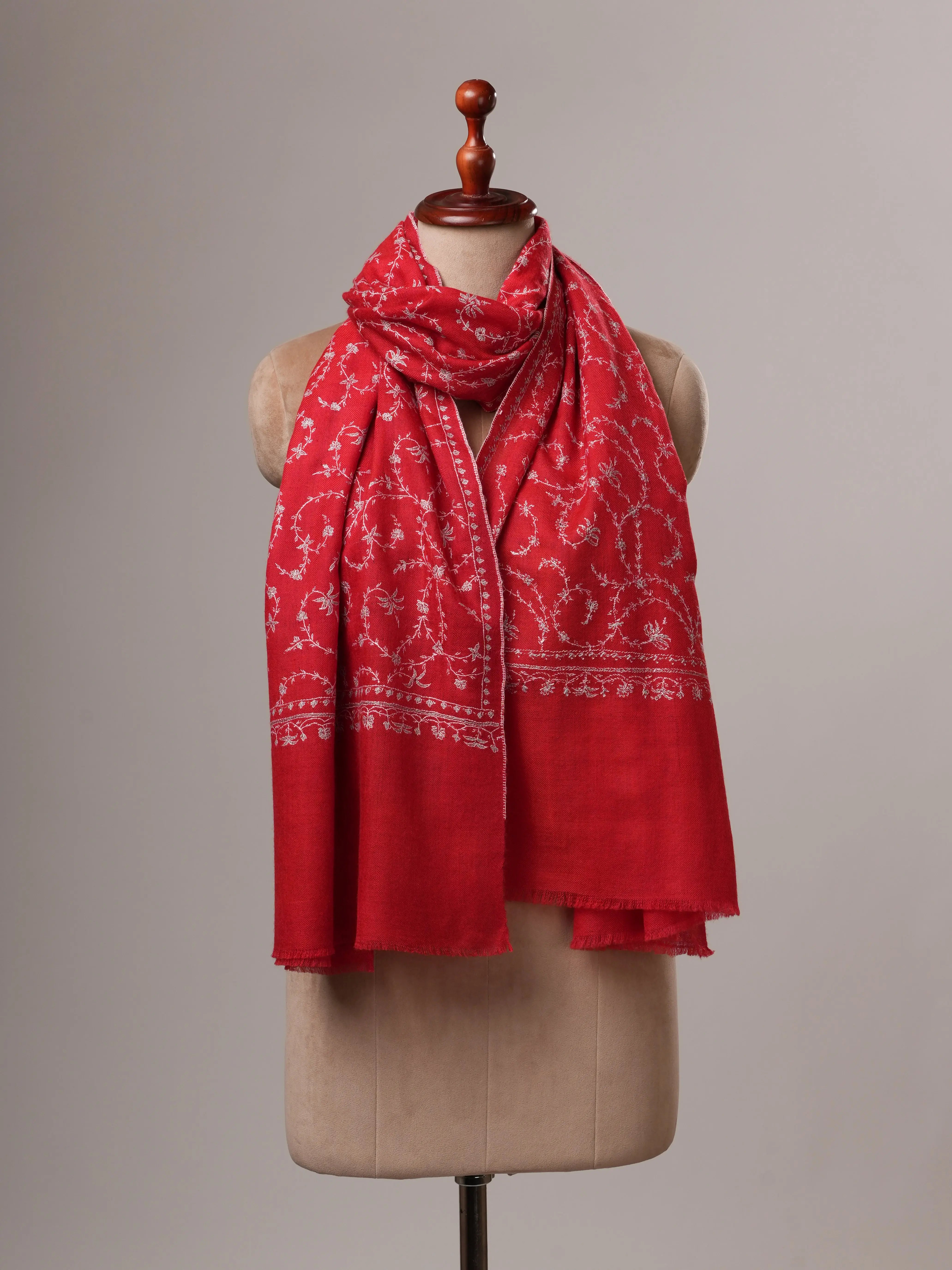 Red Featherlight Cashmere Scarf with All-Over Jali Sozni Embroidery Shahkaar