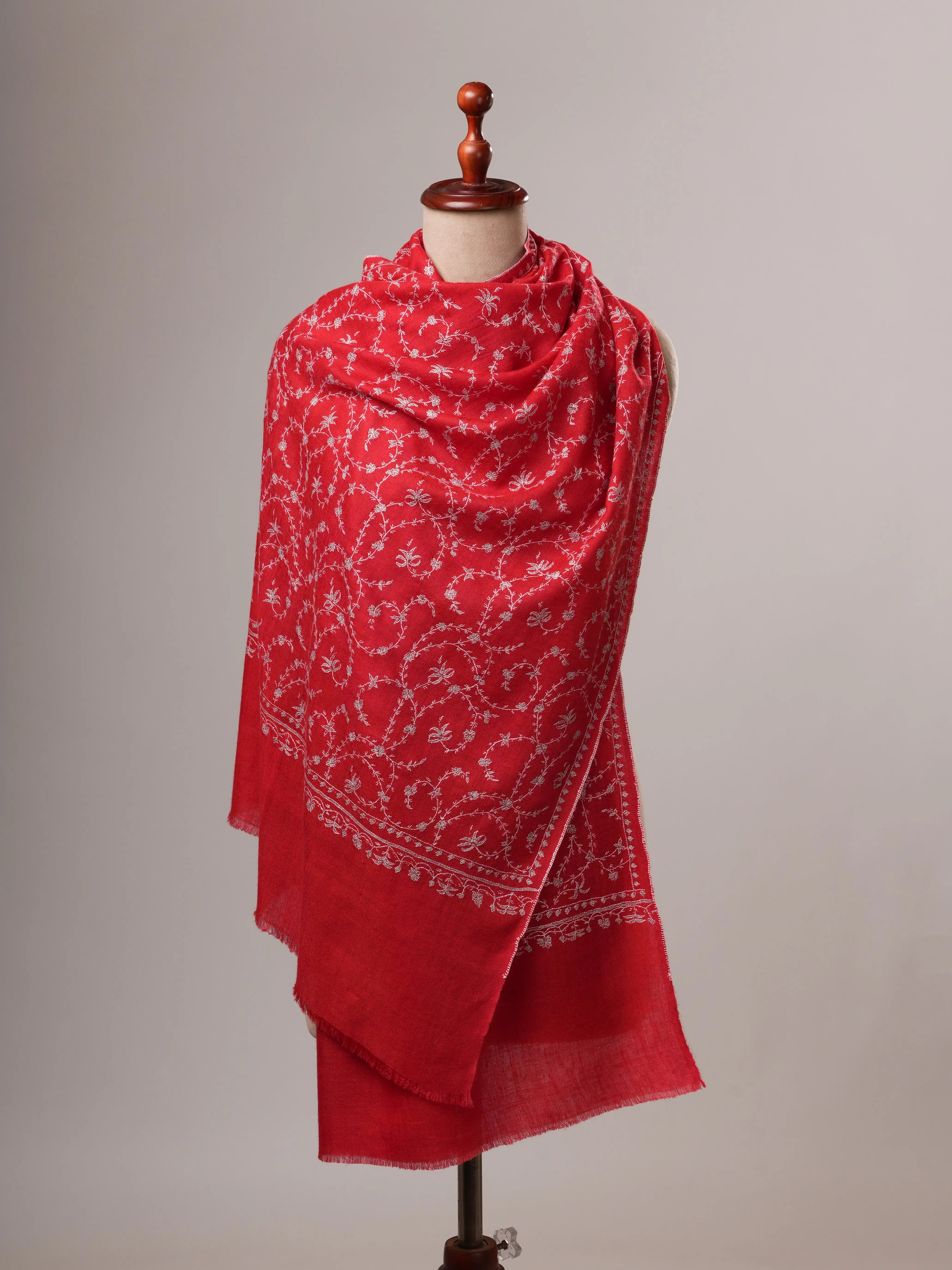 Red Featherlight Cashmere Scarf with All-Over Jali Sozni Embroidery Shahkaar