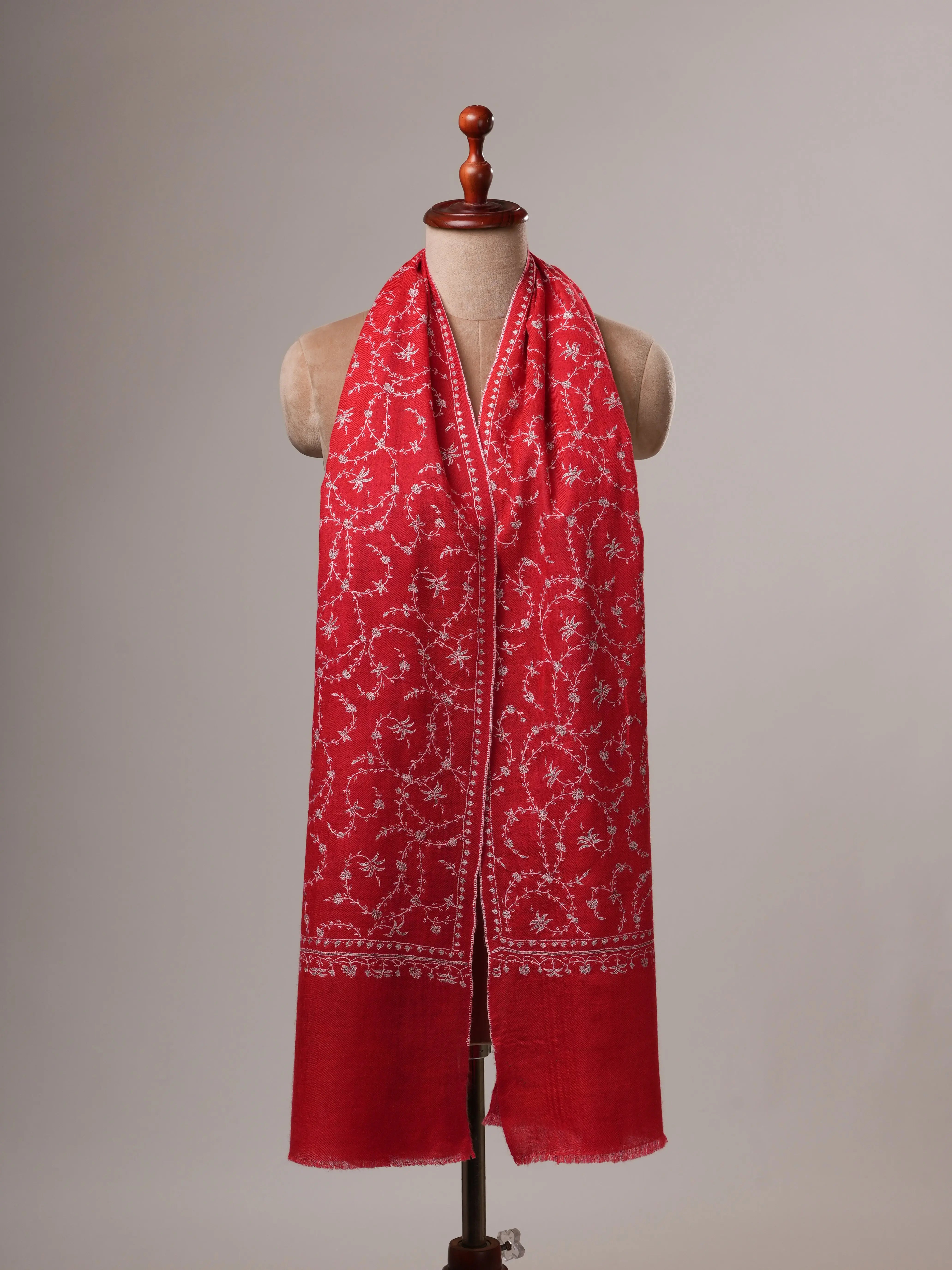 Red Featherlight Cashmere Scarf with All-Over Jali Sozni Embroidery Shahkaar