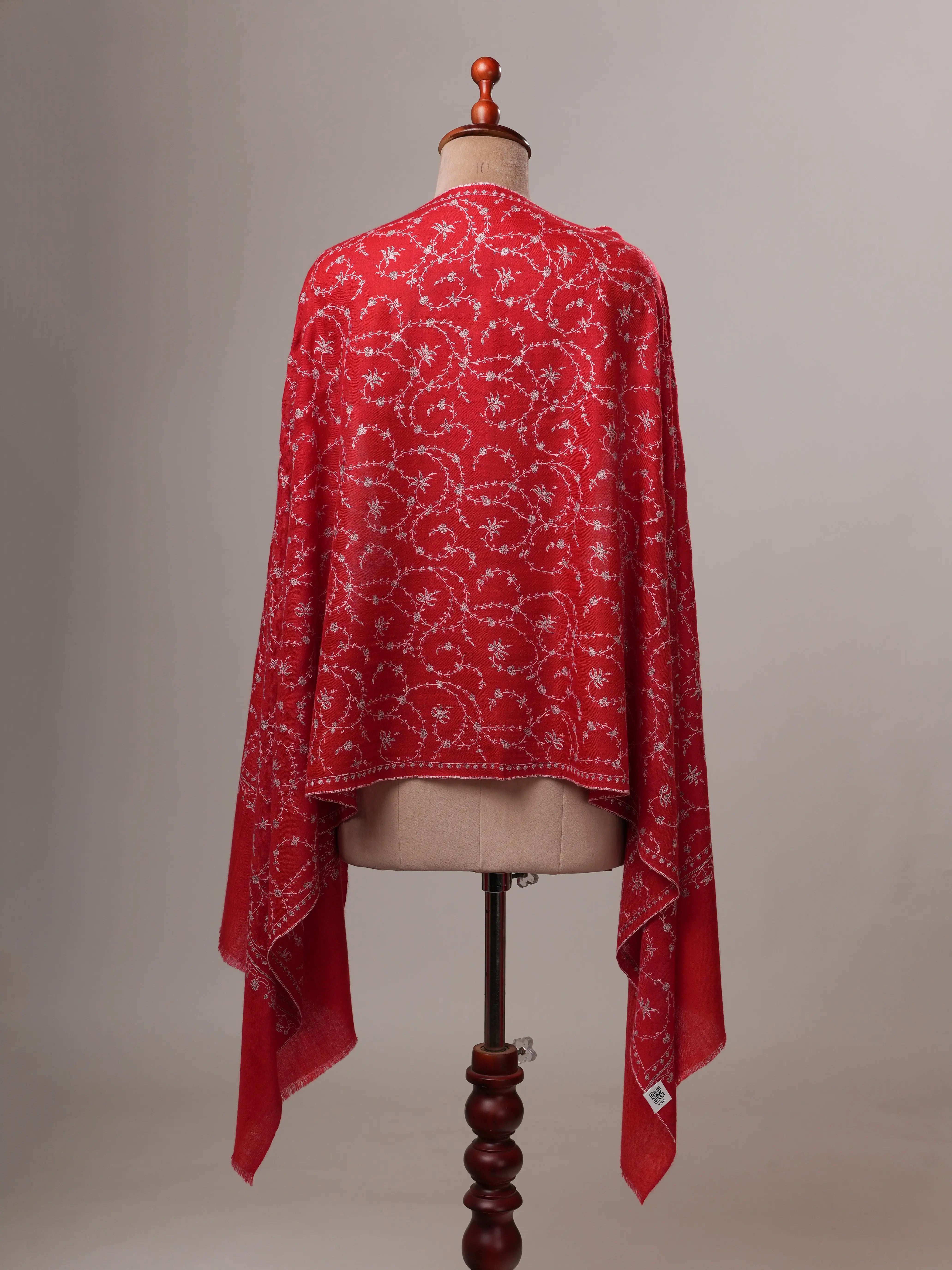 Red Featherlight Cashmere Scarf with All-Over Jali Sozni Embroidery Shahkaar
