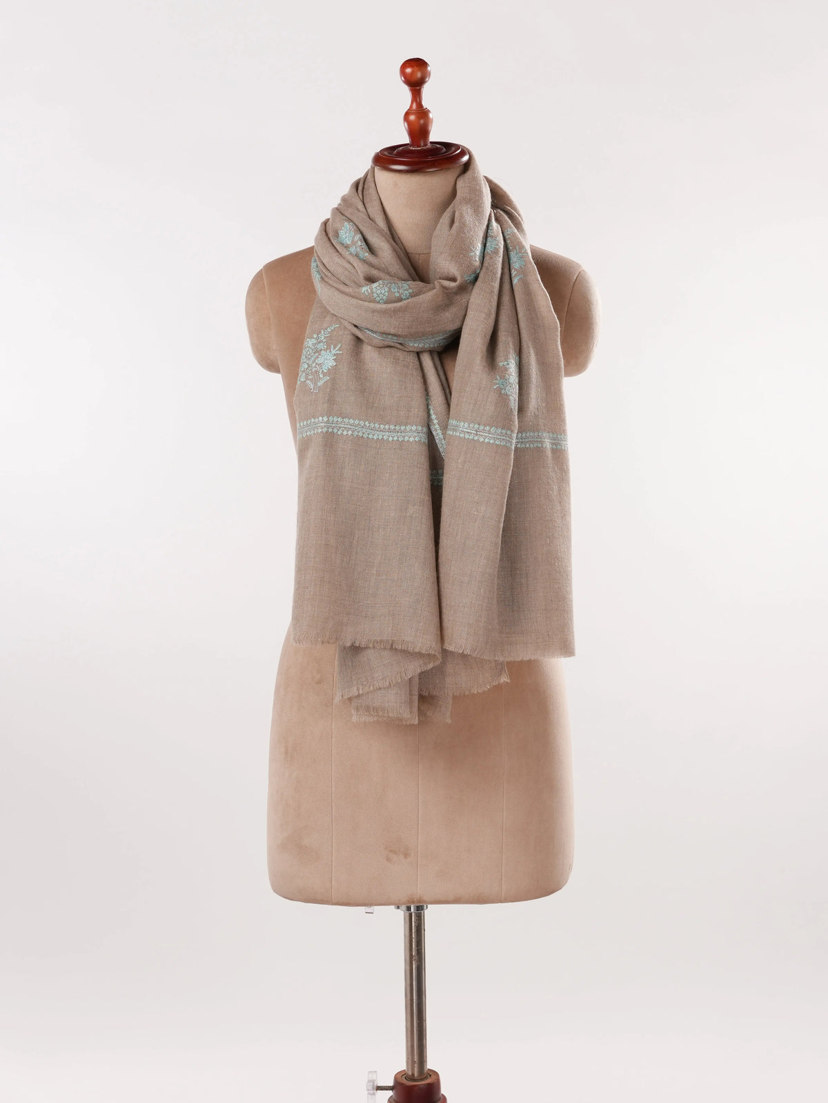 Natural Taupe Handwoven Authentic Pashmina Shawl with Buteh Hand Embroidery Shahkaar.com