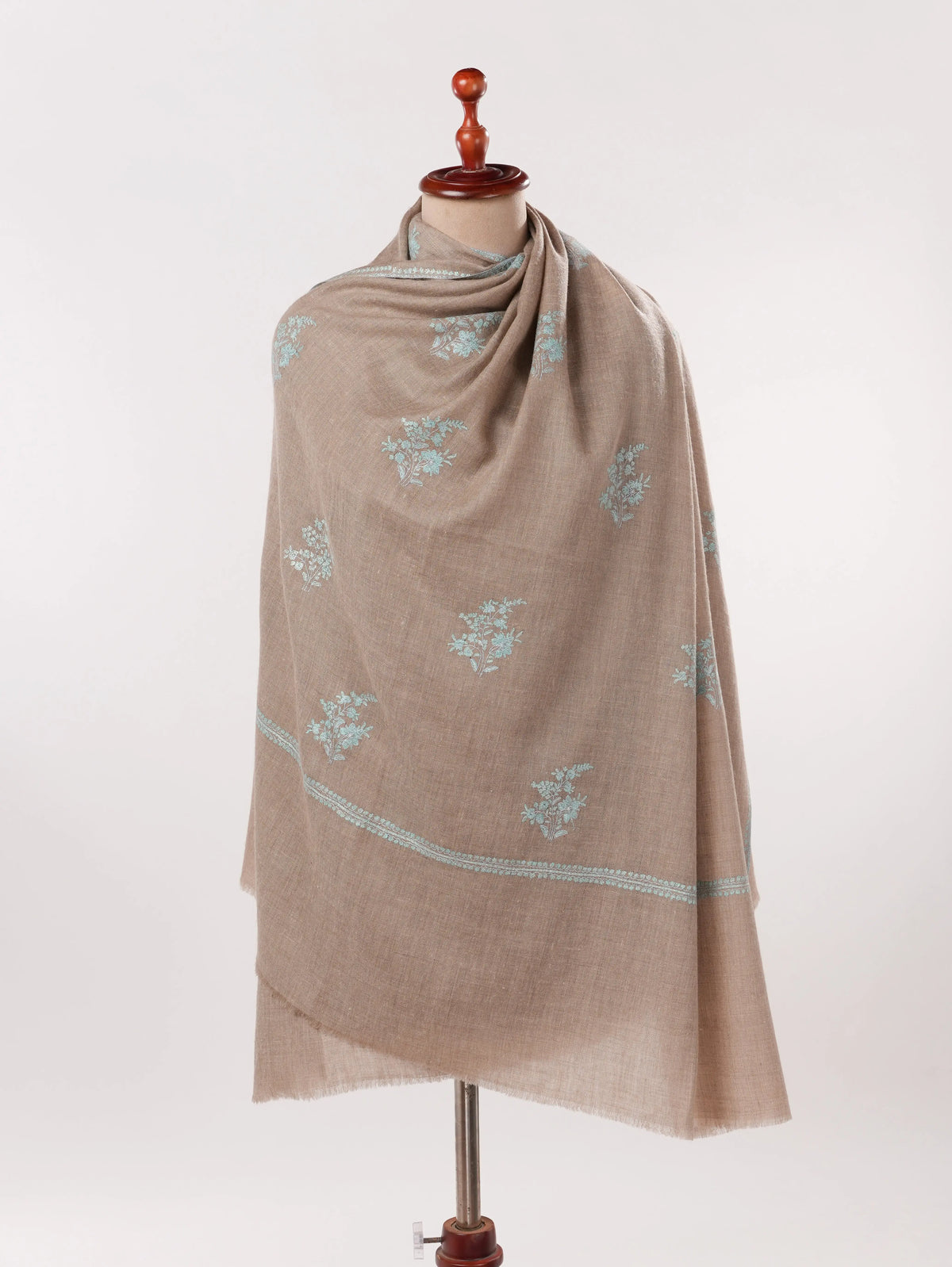 Natural Taupe Handwoven Authentic Pashmina Shawl with Buteh Hand Embroidery Shahkaar.com