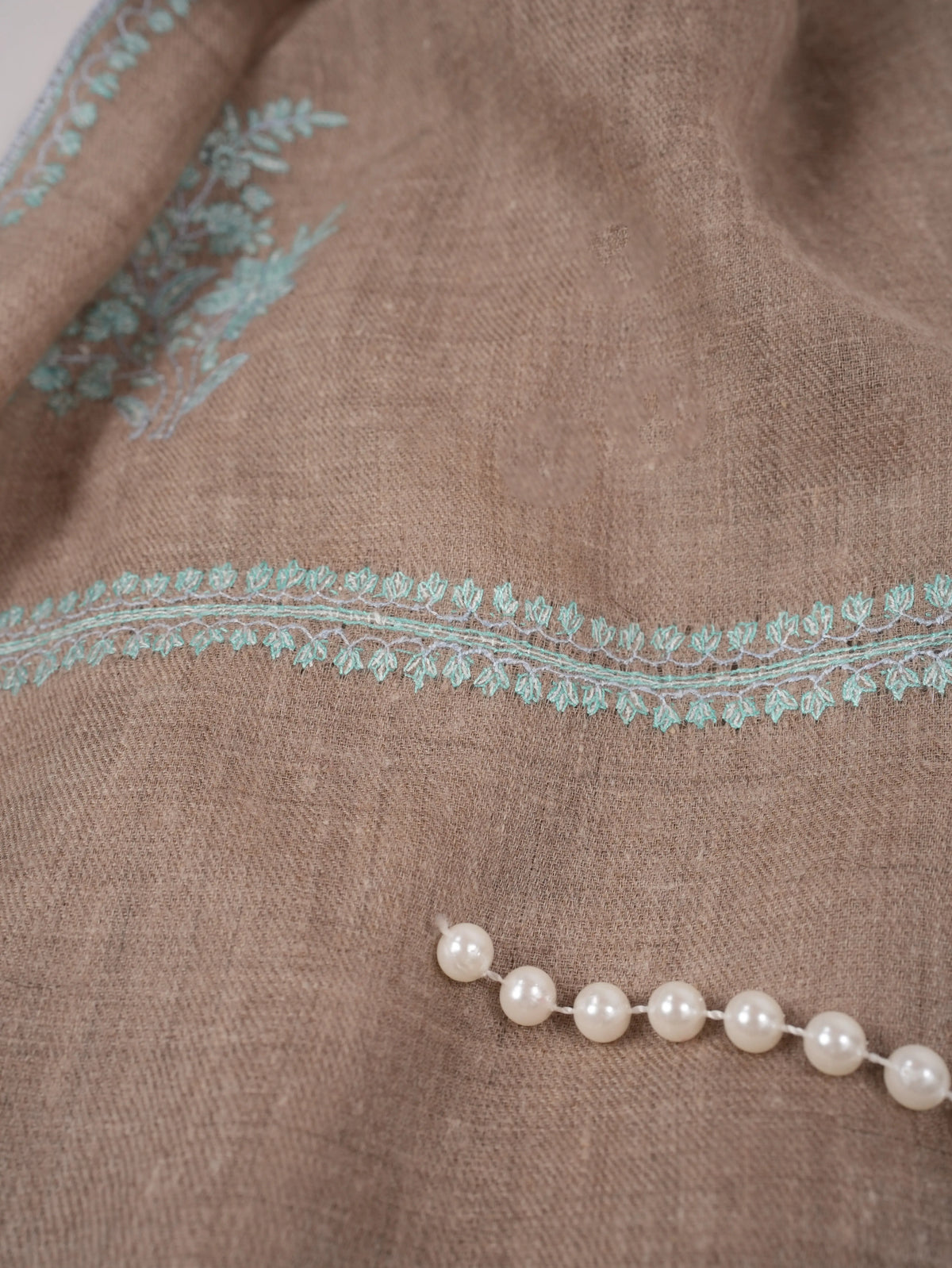 Natural Taupe Handwoven Authentic Pashmina Shawl with Buteh Hand Embroidery Shahkaar.com