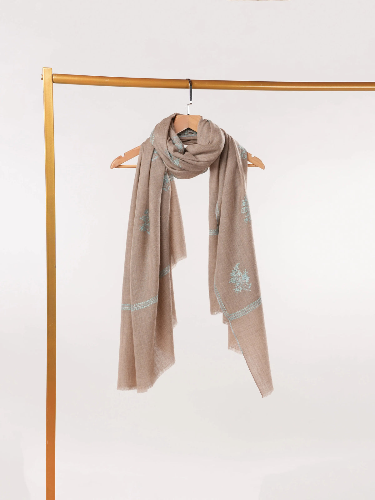 Natural Taupe Handwoven Authentic Pashmina Shawl with Buteh Hand Embroidery Shahkaar.com