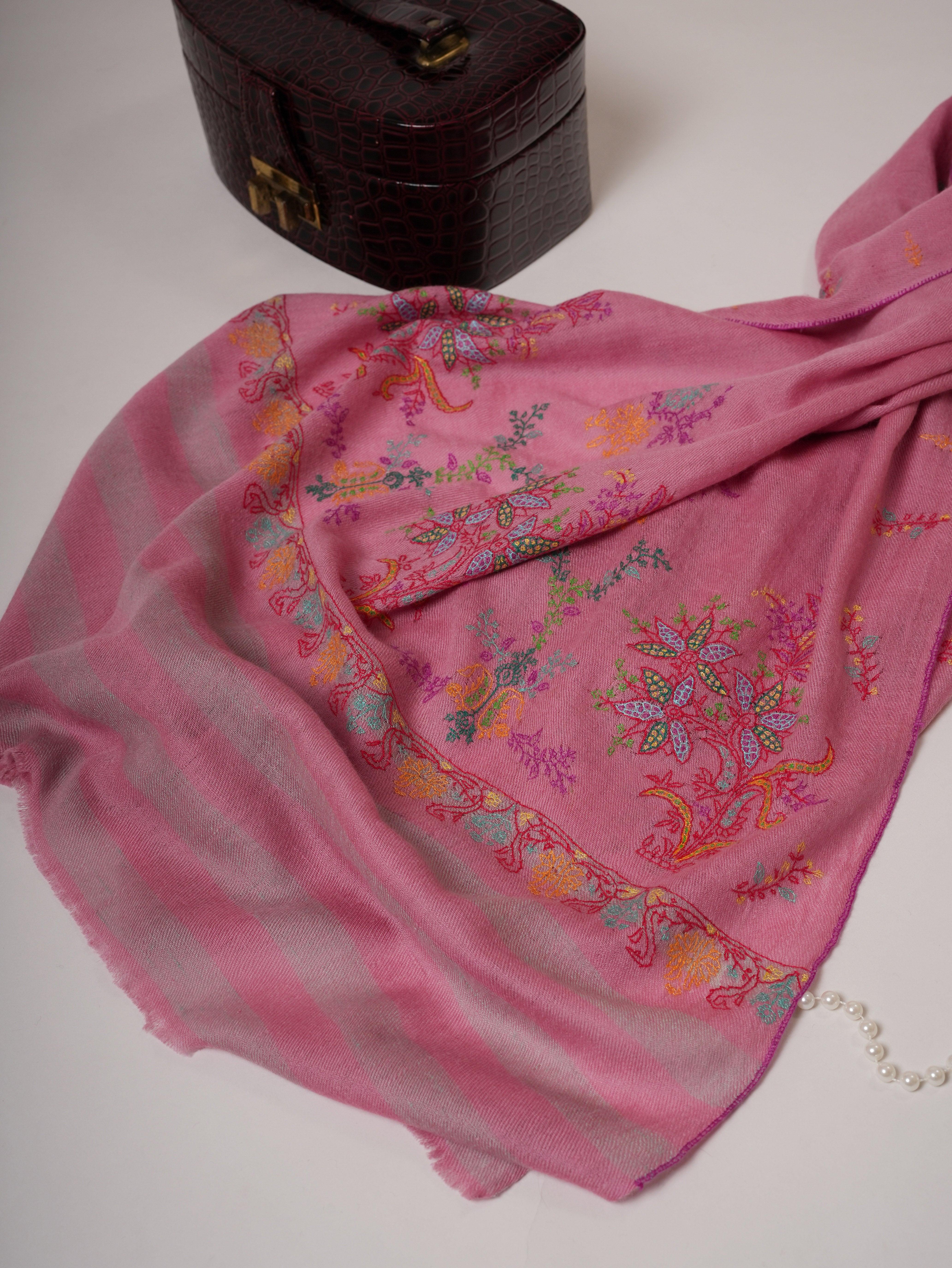 Artisan Crafted Dark Pink Cashmere Wrap with Vibrant Palla Motifs Shahkaar