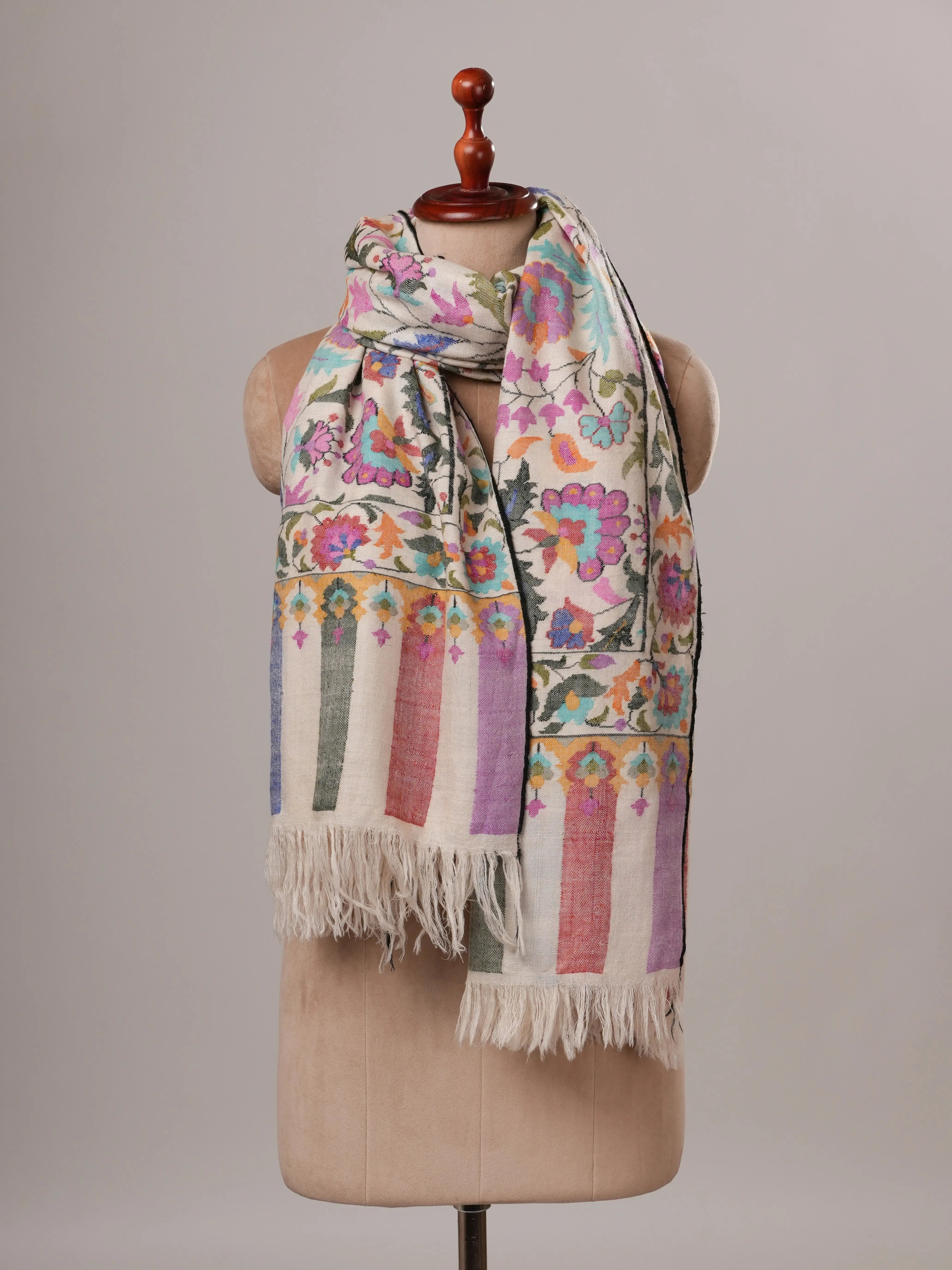 Ivory Floral Handwoven Pure Kani Pashmina Shawl Shahkaar Global