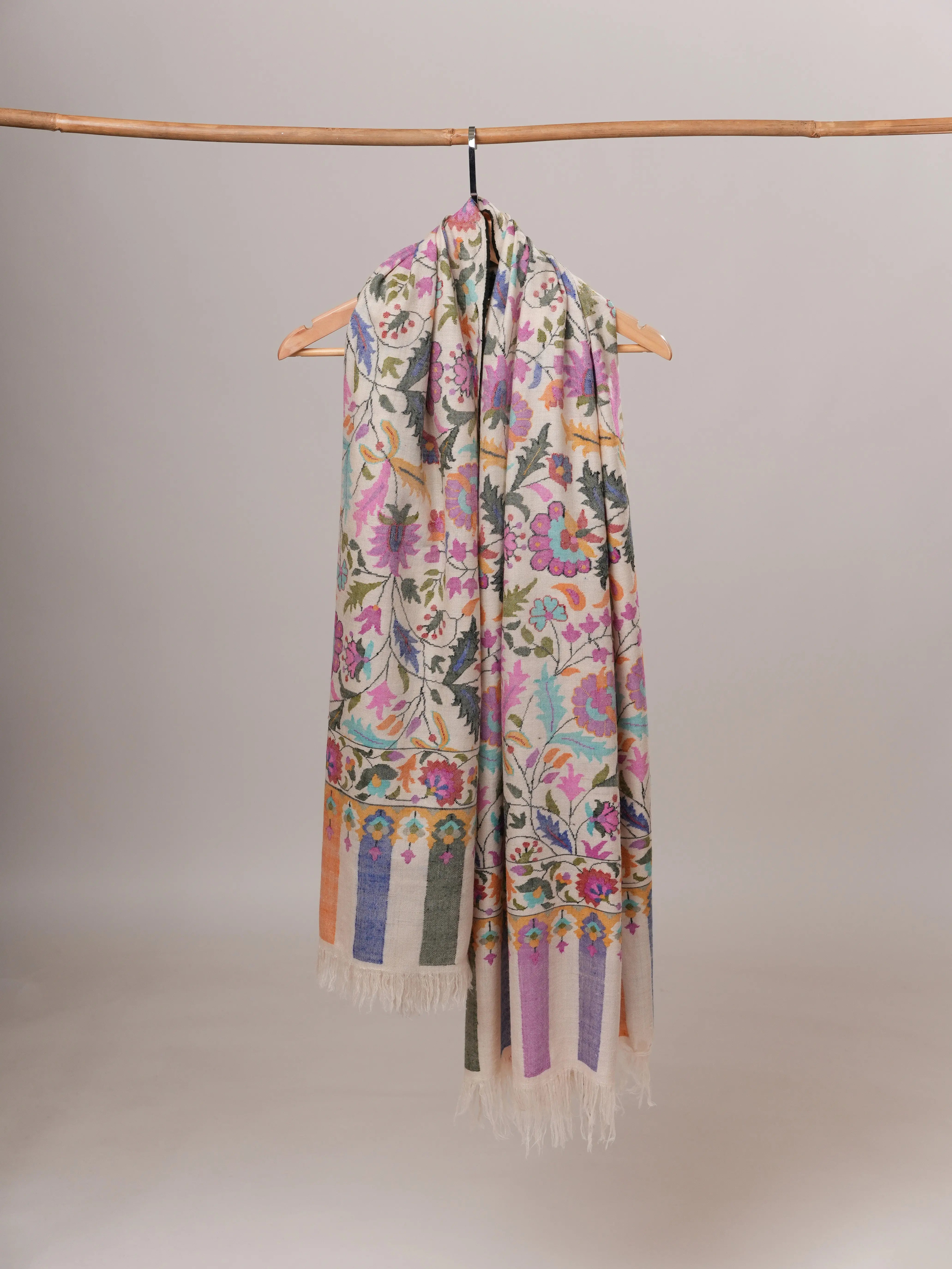 Ivory Floral Handwoven Pure Kani Pashmina Shawl Shahkaar Global