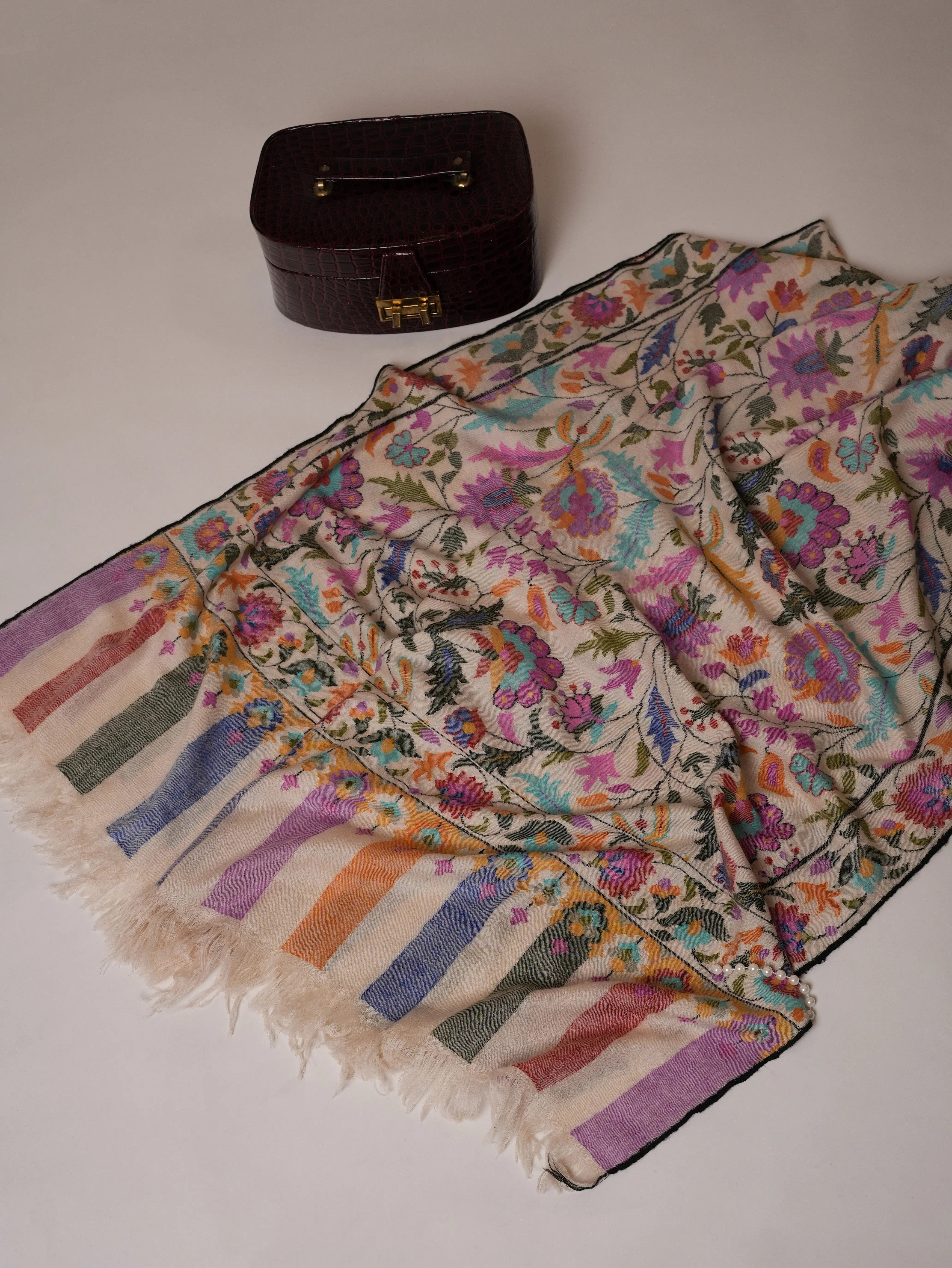 Ivory Floral Handwoven Pure Kani Pashmina Shawl Shahkaar Global