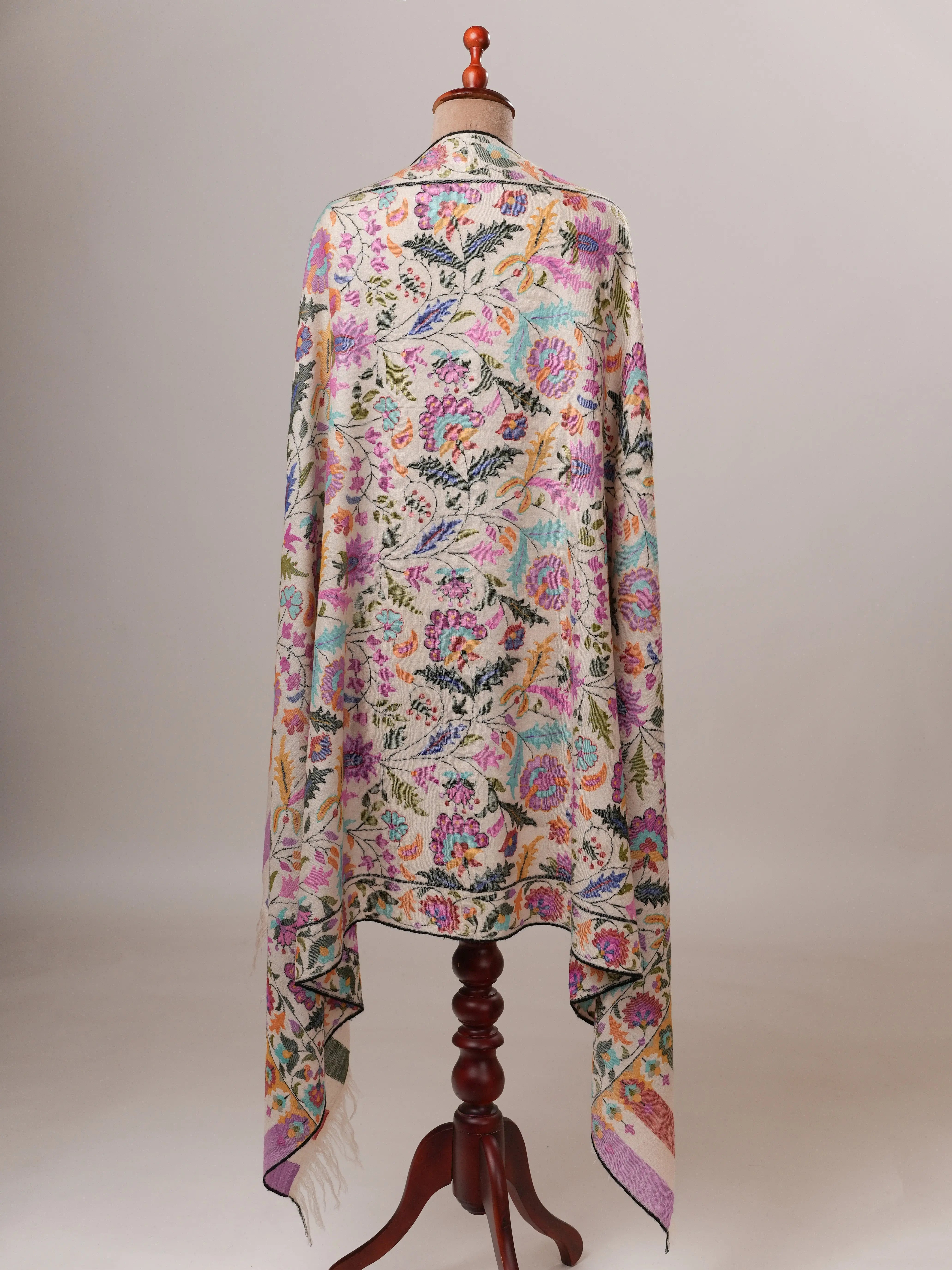 Ivory Floral Handwoven Pure Kani Pashmina Shawl Shahkaar Global