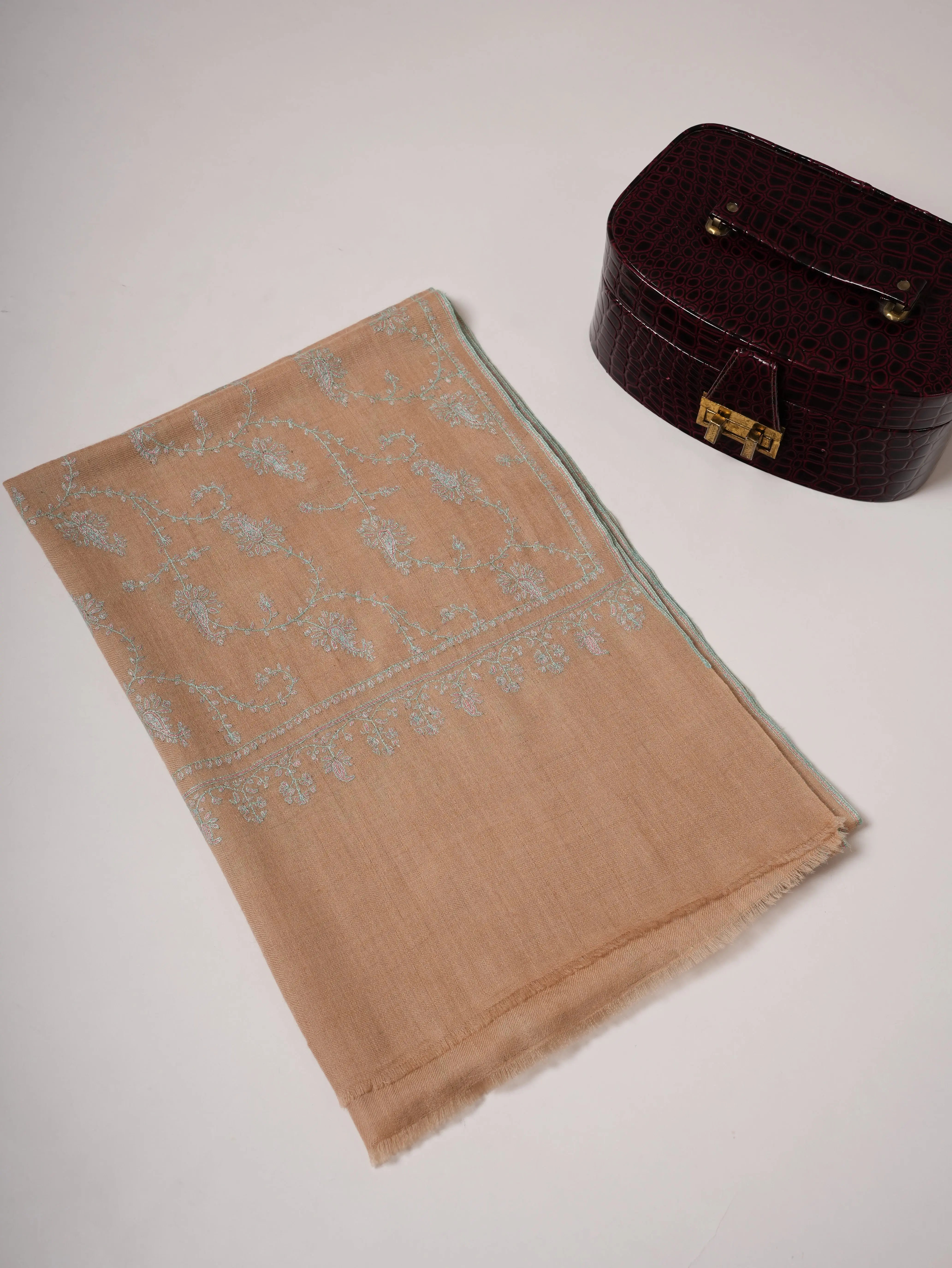 Tan Cashmere Scarf with All-Over Sozni Embroidery Shahkaar
