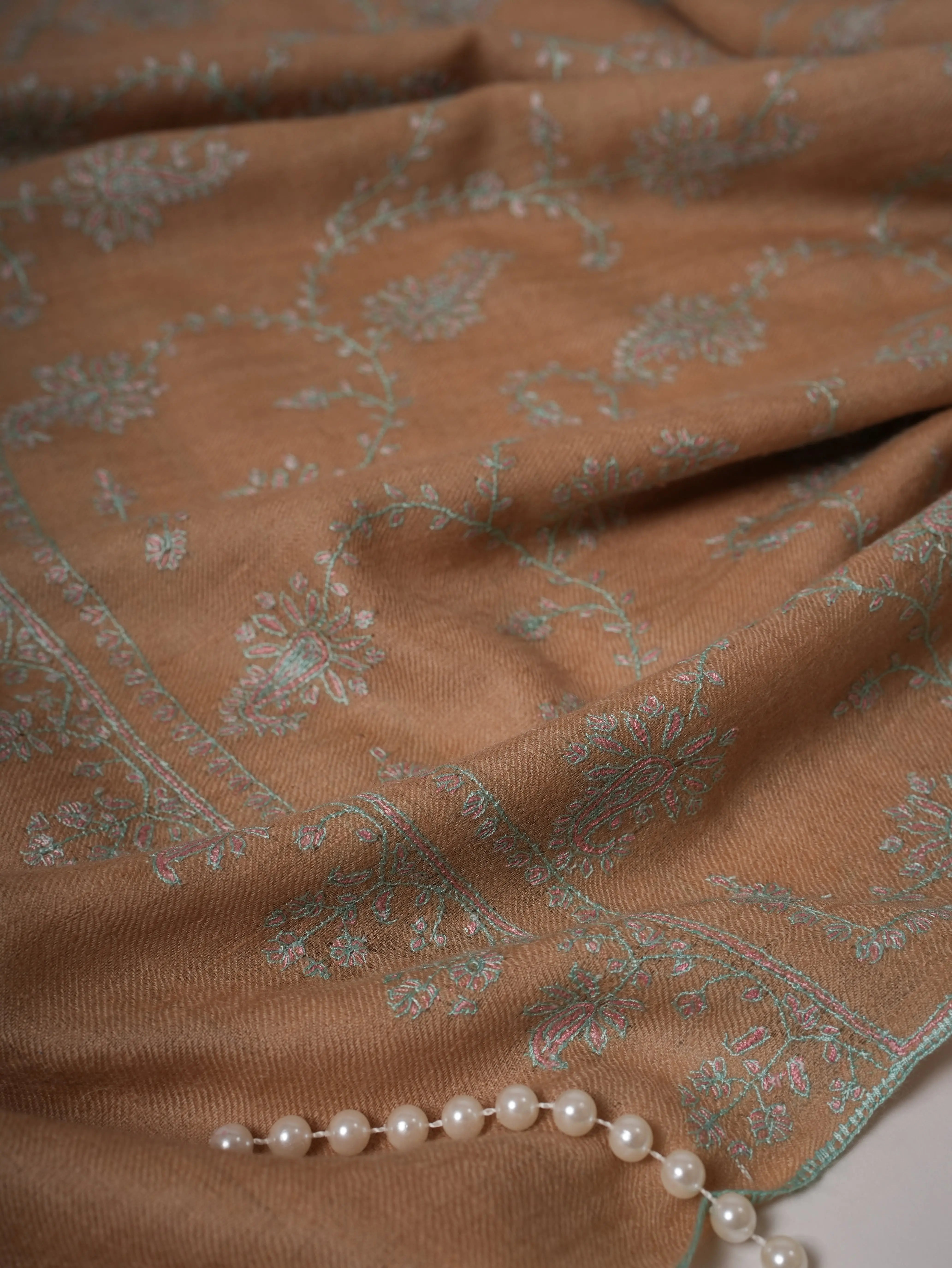 Tan Cashmere Scarf with All-Over Sozni Embroidery Shahkaar
