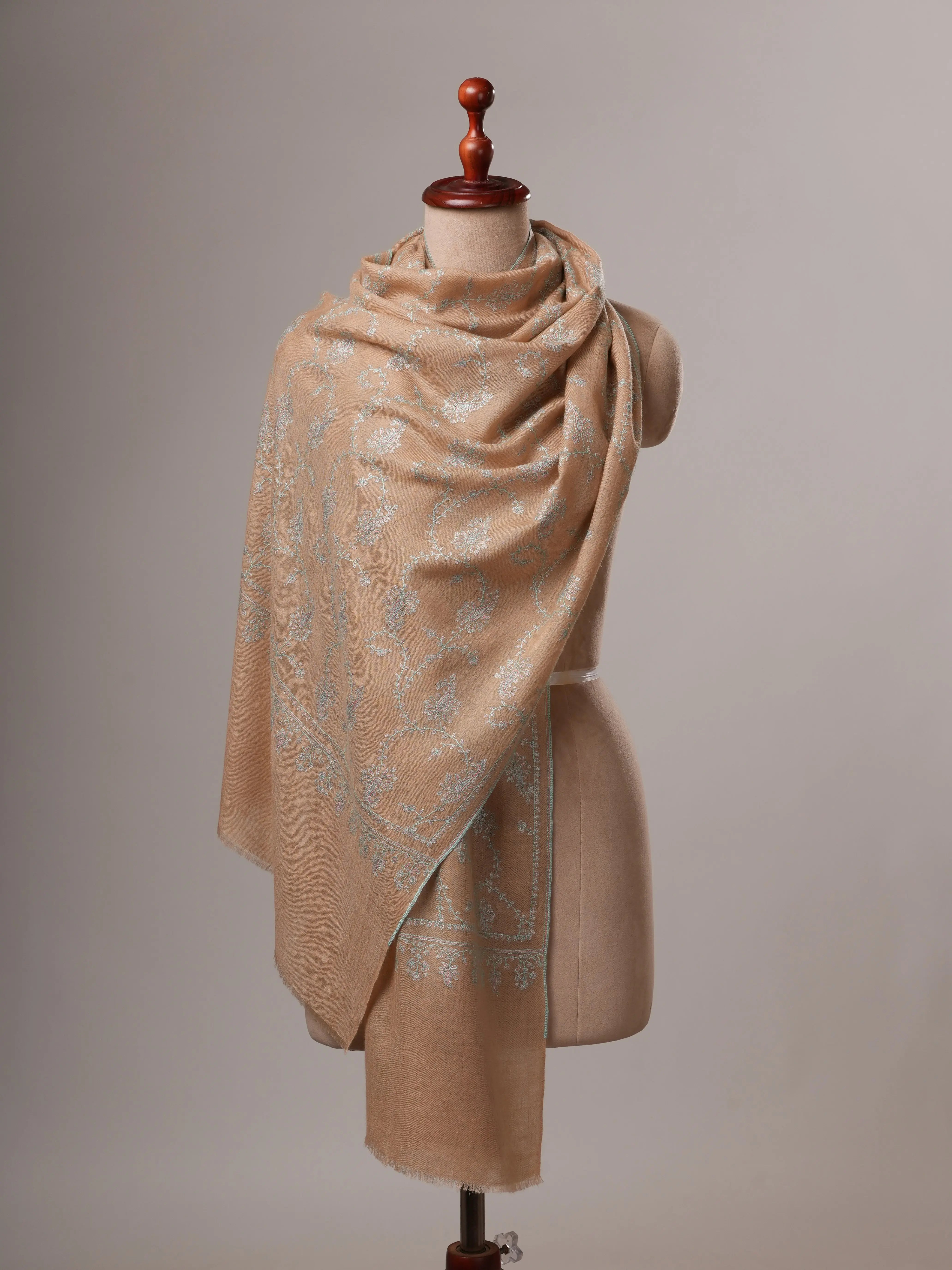 Tan Cashmere Scarf with All-Over Sozni Embroidery Shahkaar